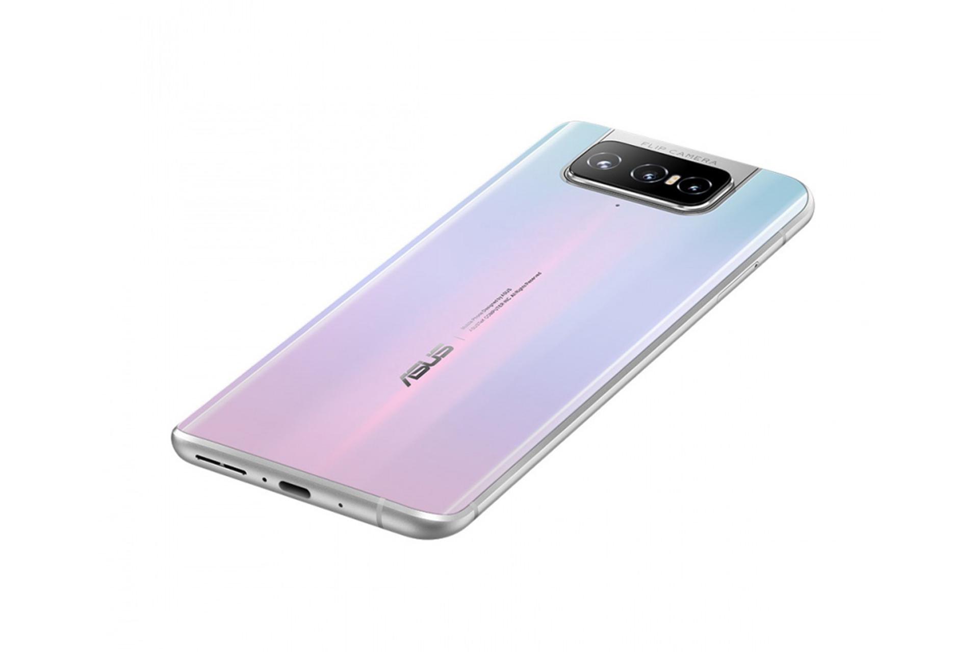 گوشی ایسوس ذن فون 7 پرو با رنگ سفید و حالت قرار گرفته روی سطح