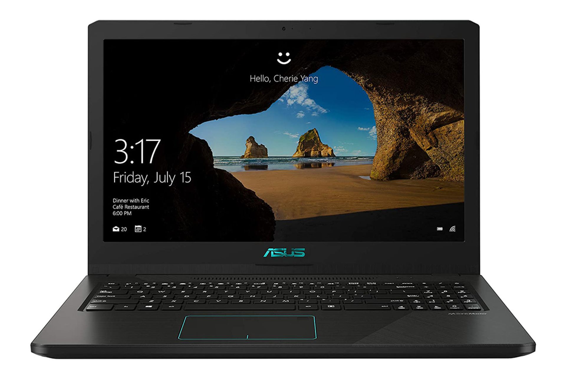 لپ تاپ ایسوس M570DD از نمای جلو با صفحه روشن