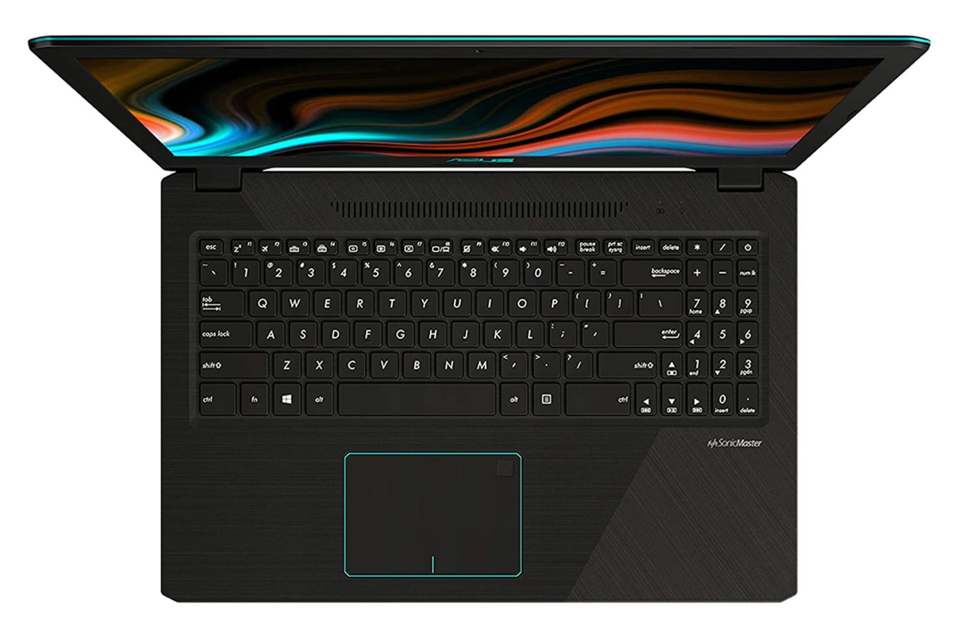 لپ تاپ ایسوس M570DD از نمای بالا و نمایش کیبورد