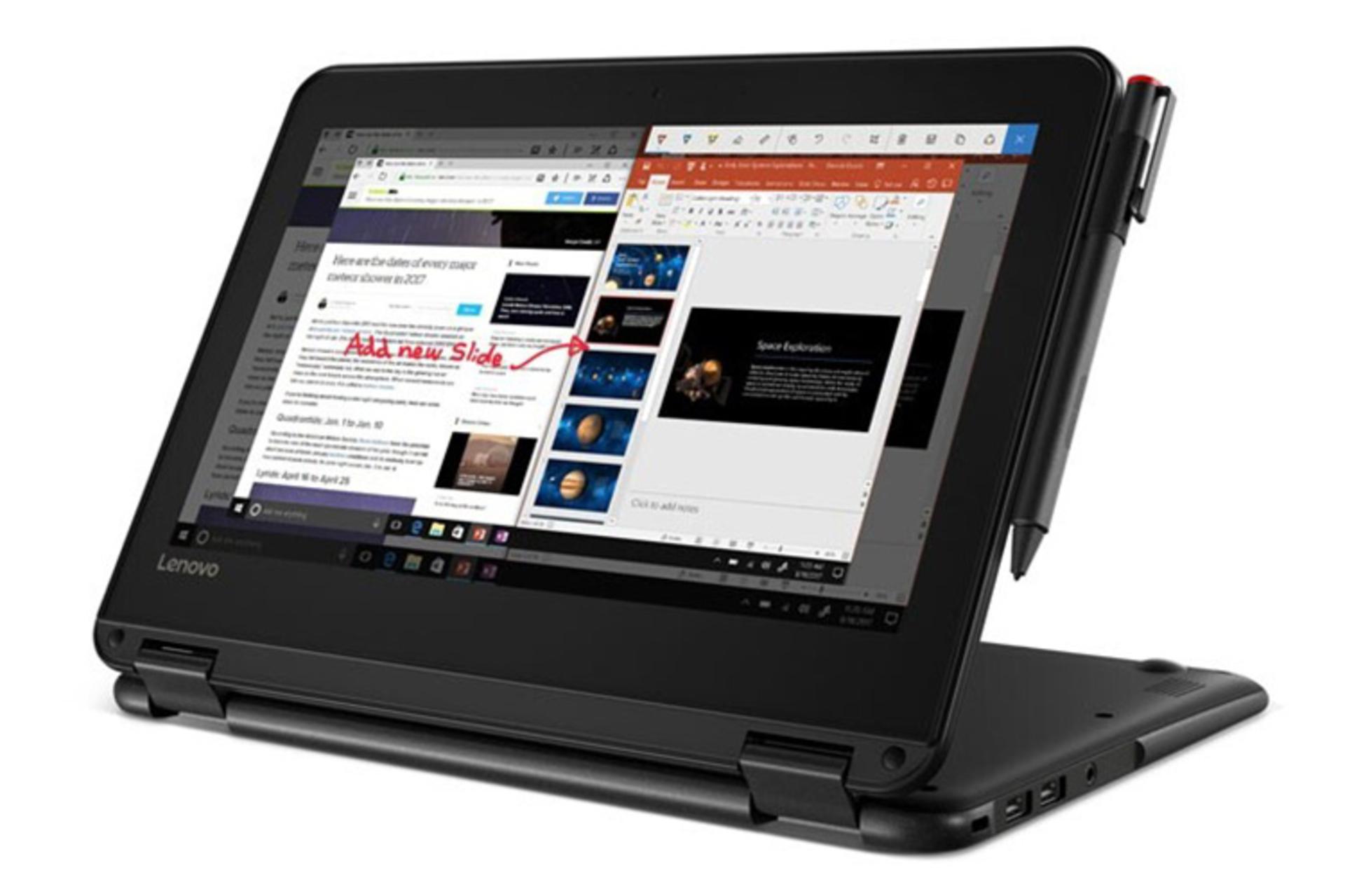 لپ تاپ لنوو 300e در حالت باز و نمایش استایلوس