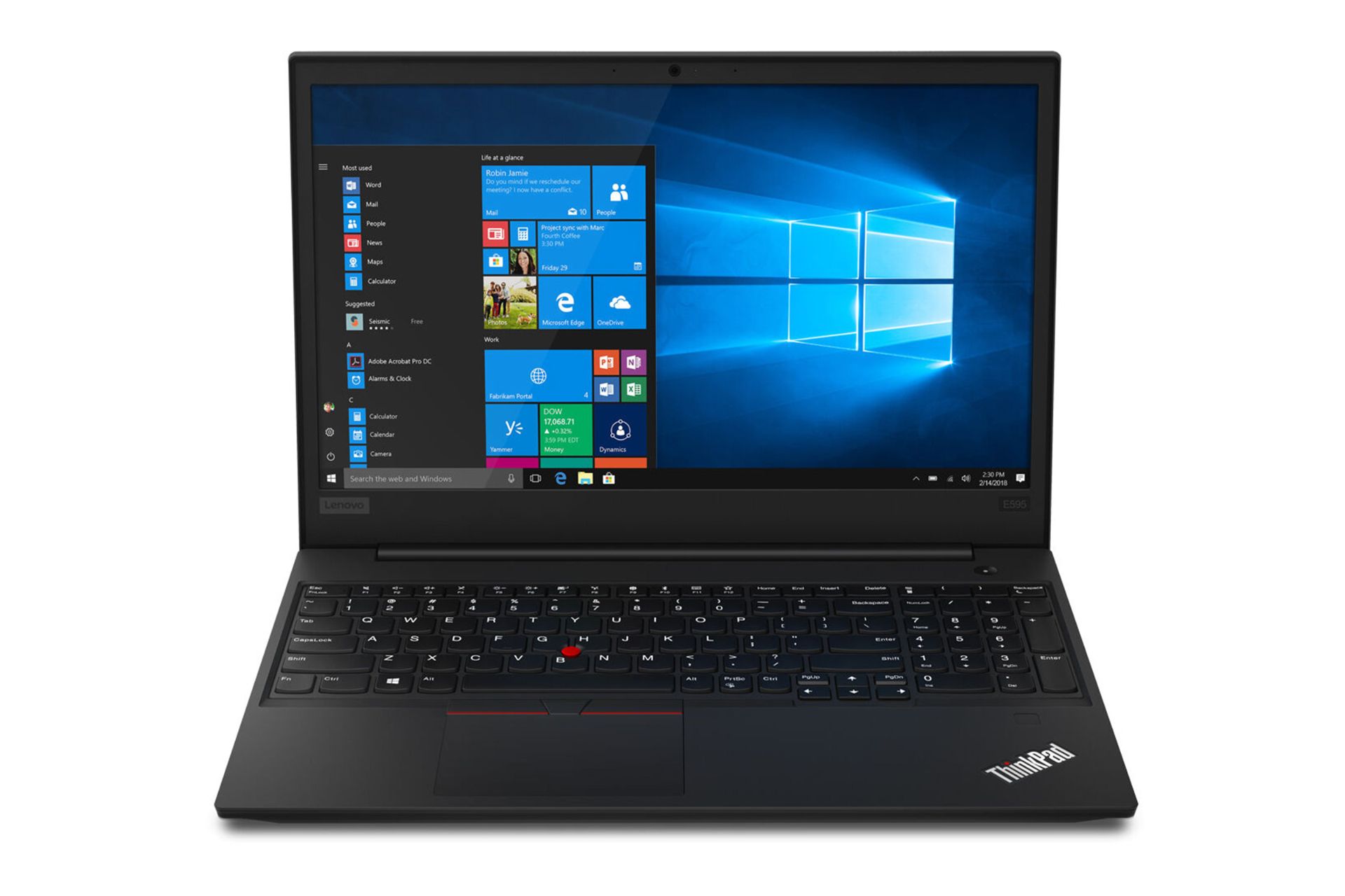 لپ تاپ لنوو تینک پد E595 از نمای جلو با صفحه روشن