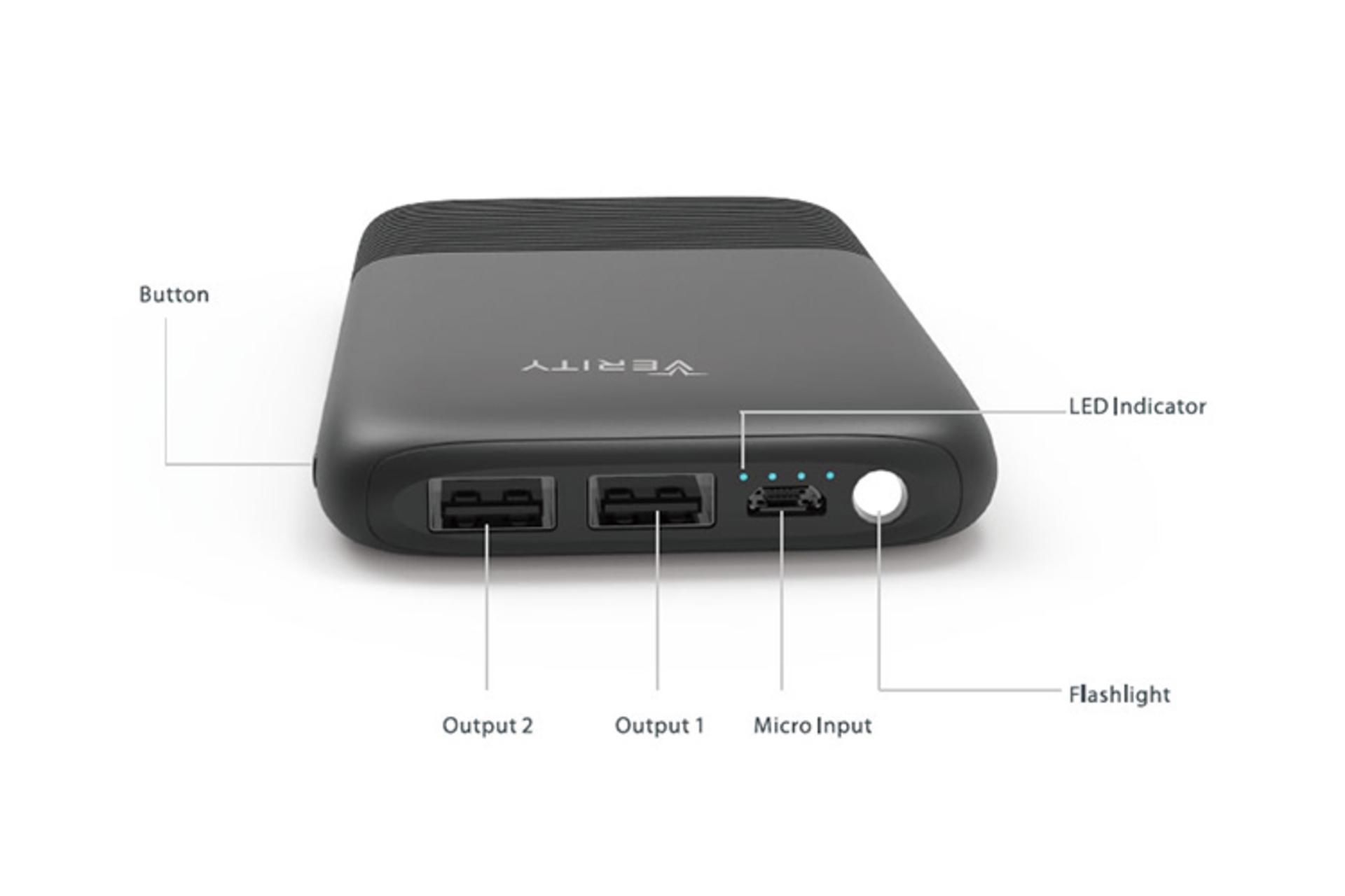 نمای درگاه‌های پاور بانک نمای کلی پاور بانک VERITY PA114 10000mah