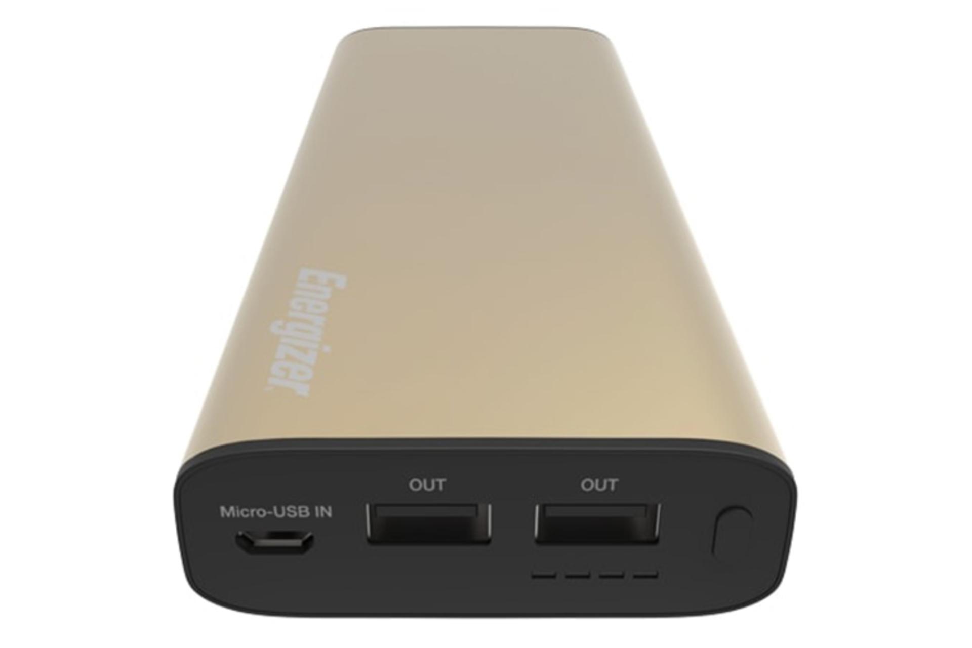  نمای پشت پاور بانک انرجایزر UE20100 مشکی محل درگاه خروجی و ورودی کرم / Energizer UE20100