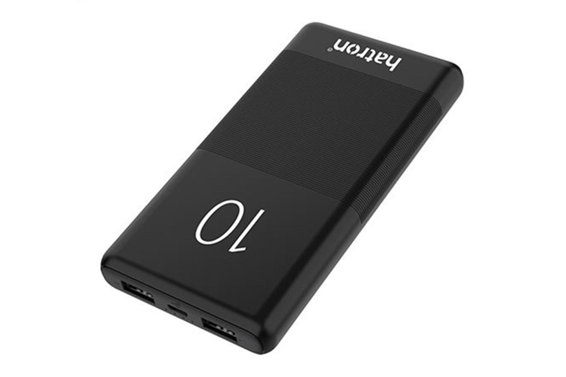 پاوربانک هترون HPB-1080 رنگ مشکی و نمایش پورت ها