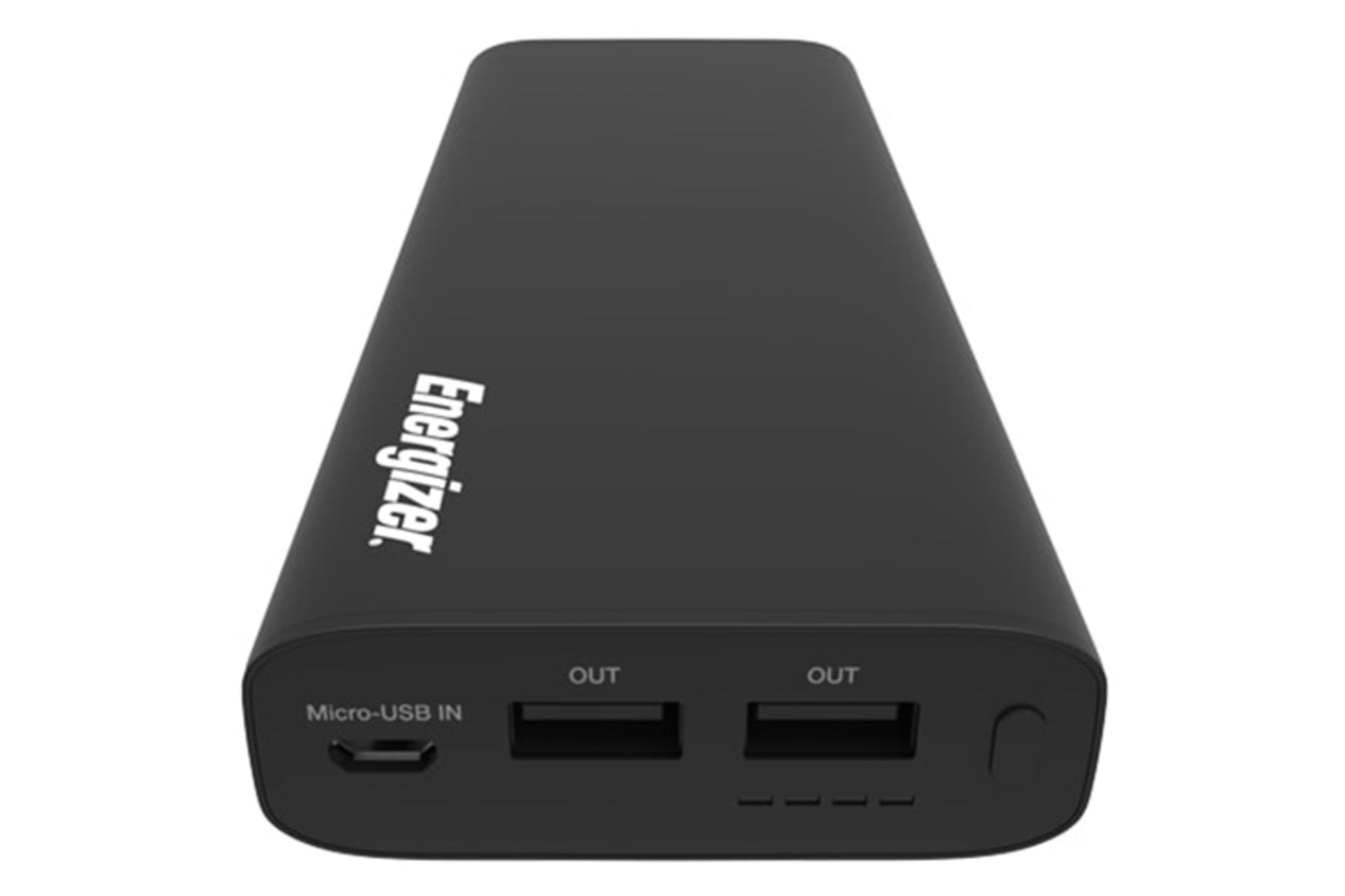  نمای پشت پاور بانک انرجایزر UE20100 مشکی محل درگاه خروجی و ورودی / Energizer UE20100