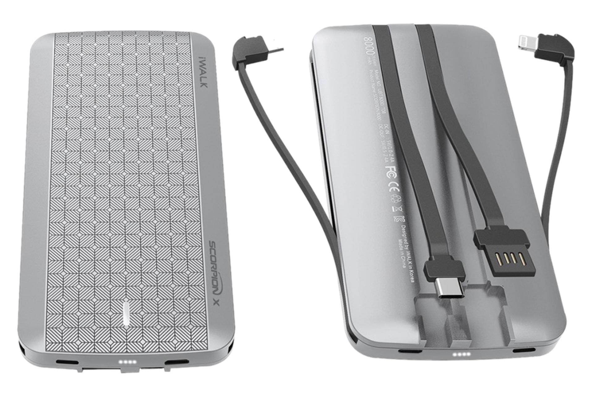 نمای جلو و پشت پاور بانک آی واک UBT8000X-011A به همراه سیم های سرخود خروجی و ورودی