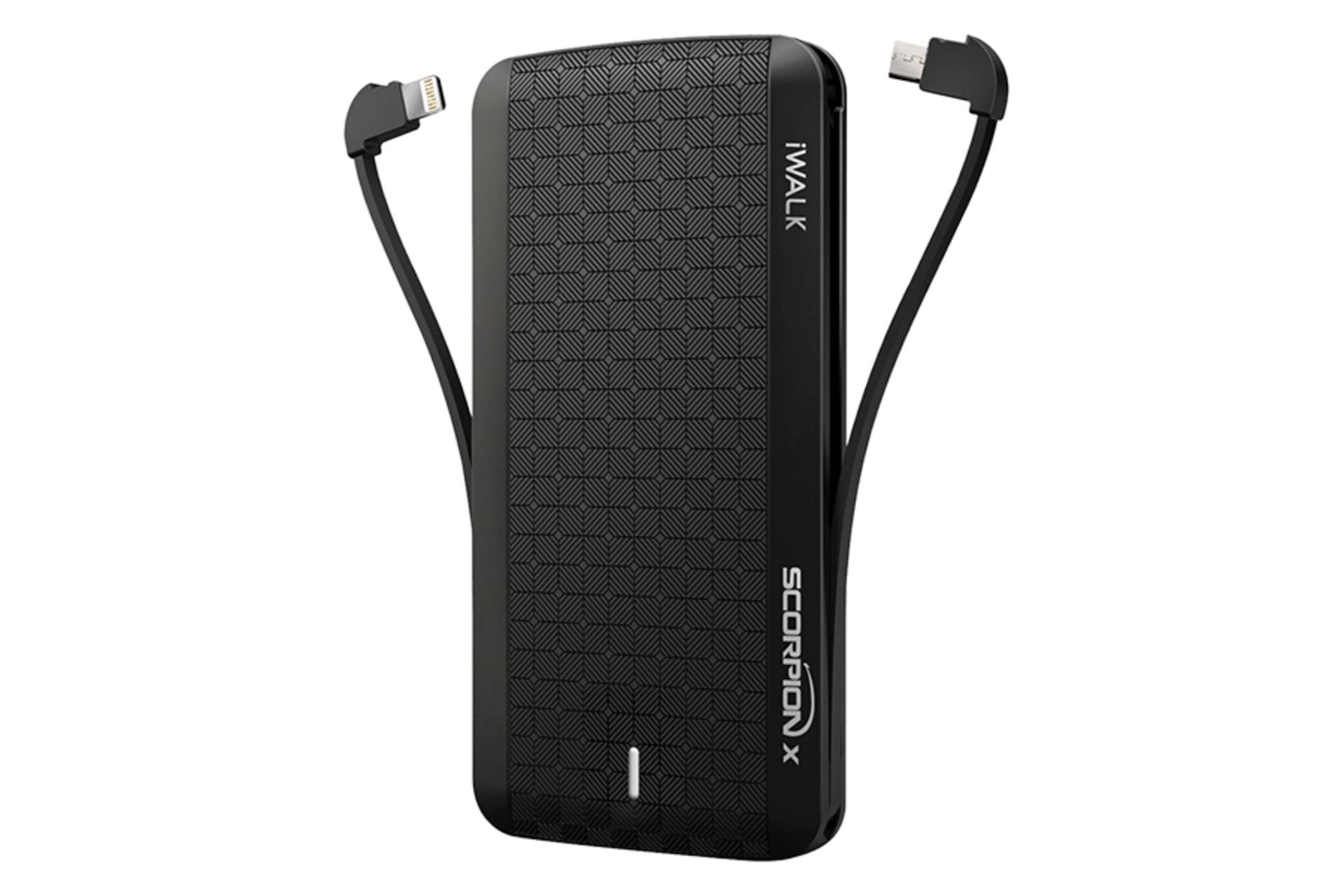 نمای جلو پاور بانک آی واک SCORPION 8000X به همراه سیم های سروخود