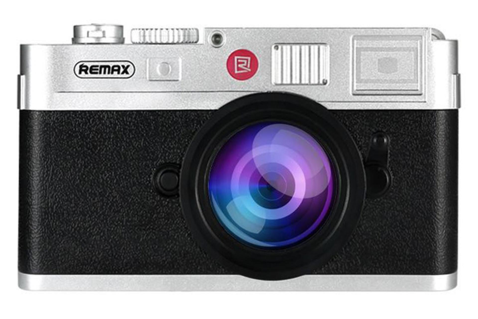 نمای جلو پاور بانک ریمکس Lycra با ظرفیت 10000 میلی‌آمپر ساعت با رنگ نقره ای و مشکی و طراحی دوربین 