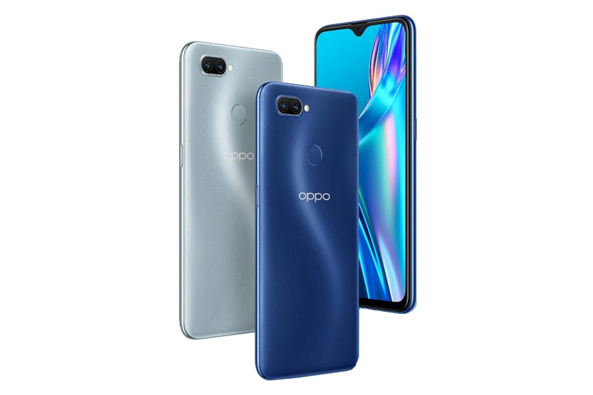 نمای پشت و نیم رخ گوشی اوپو ای ۱۲ اس با رنگ آبی و خاکستری
