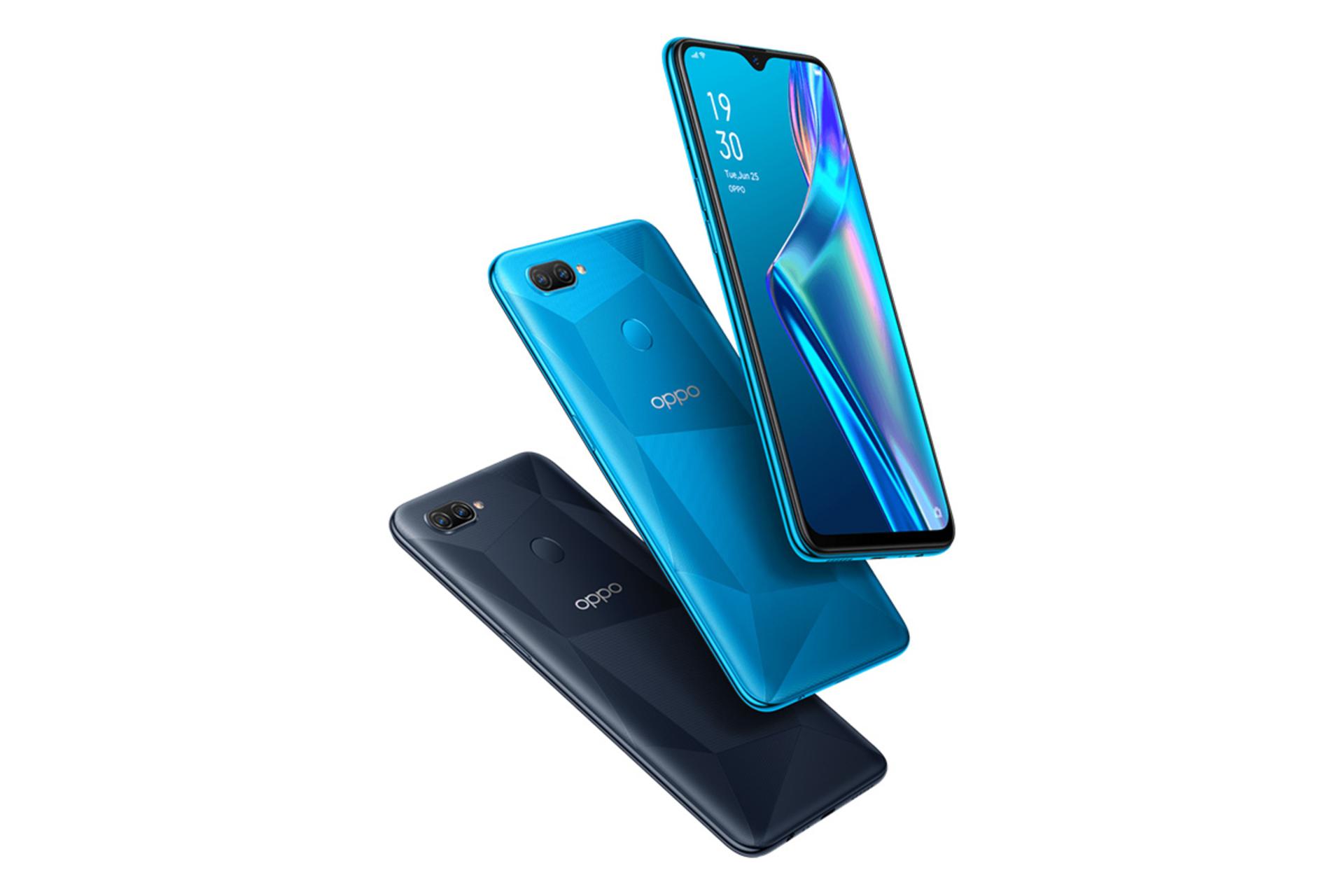 نمای سه تایی گوشی اوپو ای ۱۲ اس با رنگ ها آبی و مشکی