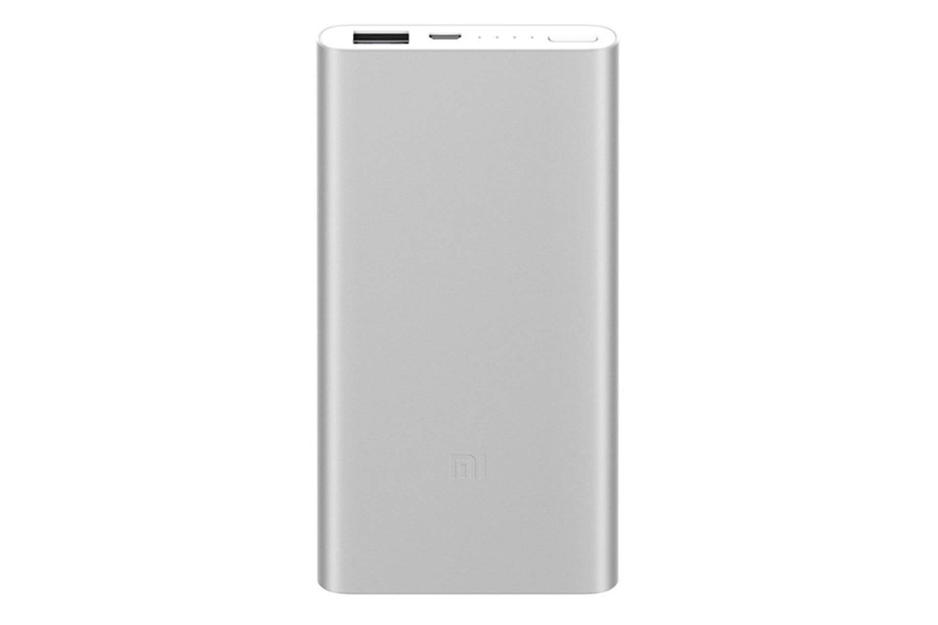 می پاور بانک ۲ شیائومی ظرفیت 5000 میلی‌آمپر ساعت نمای کنار رنگ نقره ای / Xiaomi Mi Power Bank 2 50