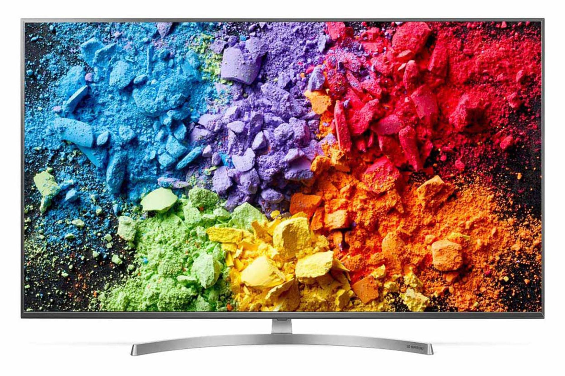 نمای جلو تلویزیون ال‌جی 75SK8100 با صفحه روشن