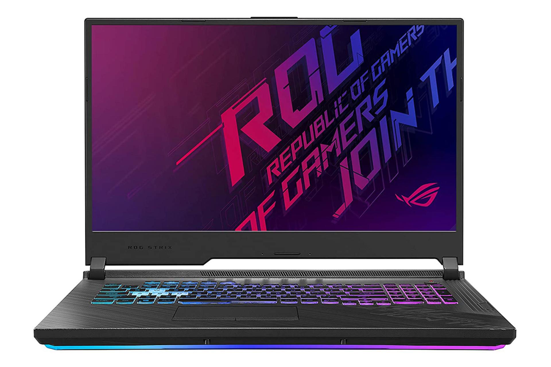 نمای جلو نمای کنار لپ تاپ ایسوس ROG Strix G17 G712LW با صفحه روشن