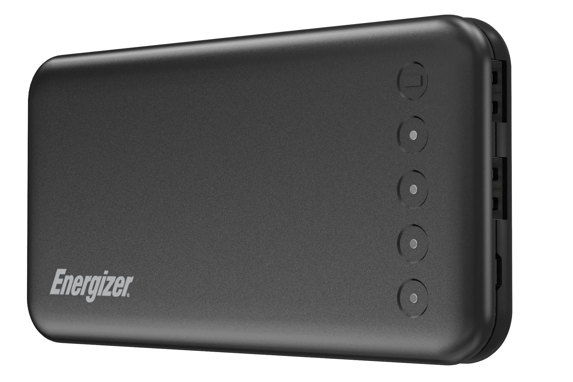 پاور بانک انرجایزر UE10022 نمای گوشی و محل درگاه‌ خروجی و ورودی