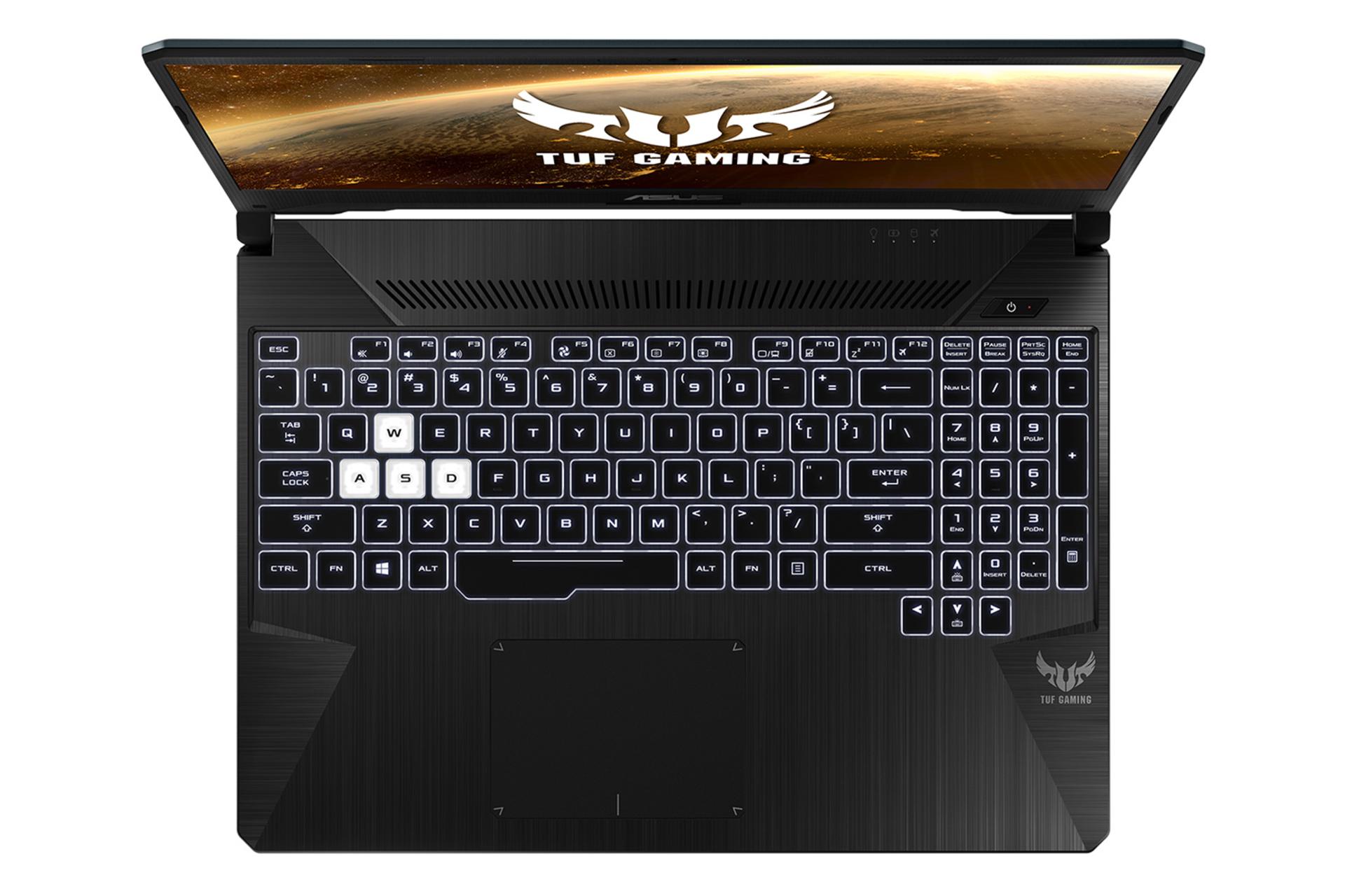 نمای بالا لپ تاپ ایسوس TUF گیمینگ FX505GT و نمایش کیبورد