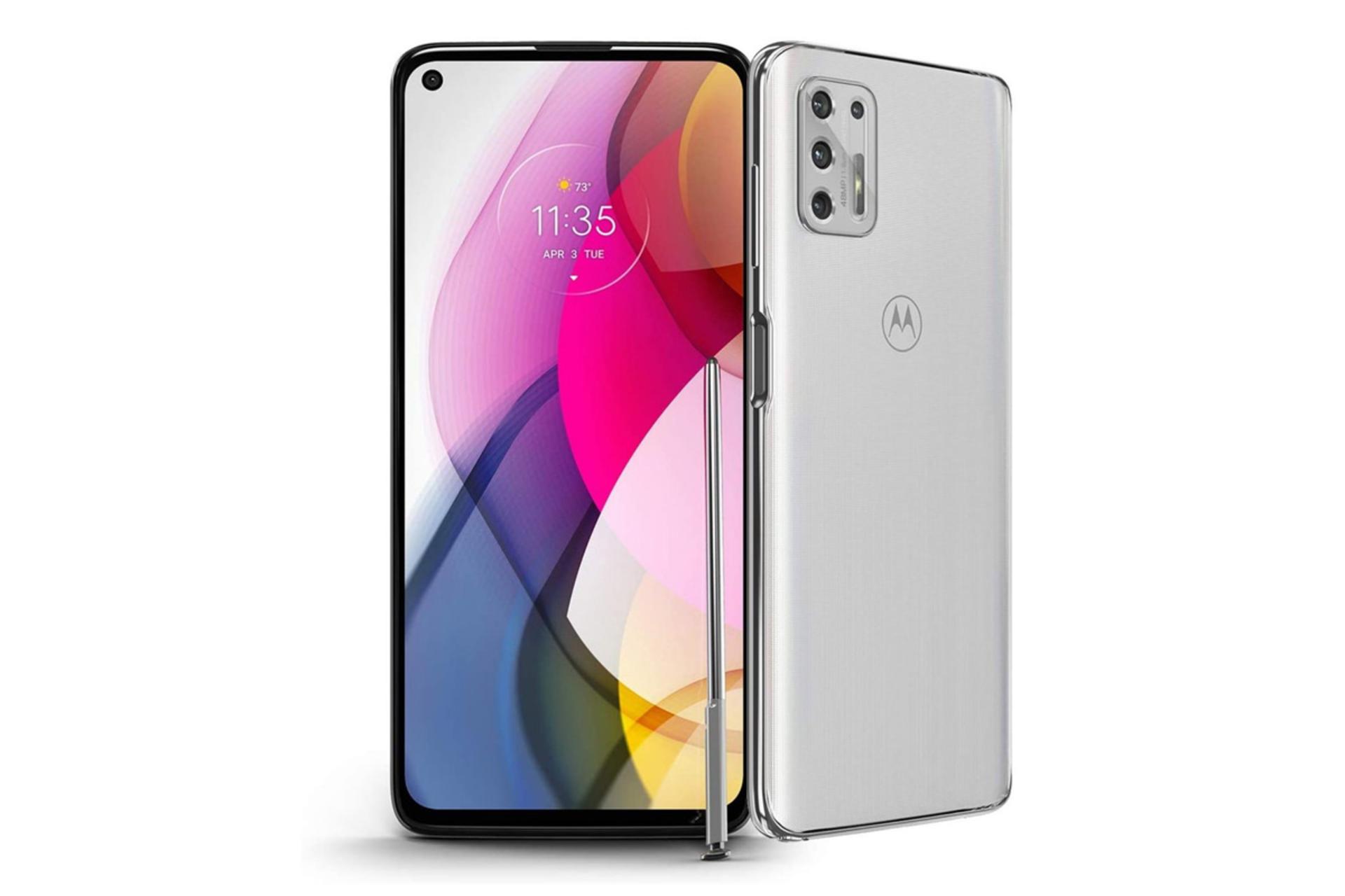 نمای پشت و جلو موتو جی استایلوس موتورولا مدل 2021 رنگ سفید