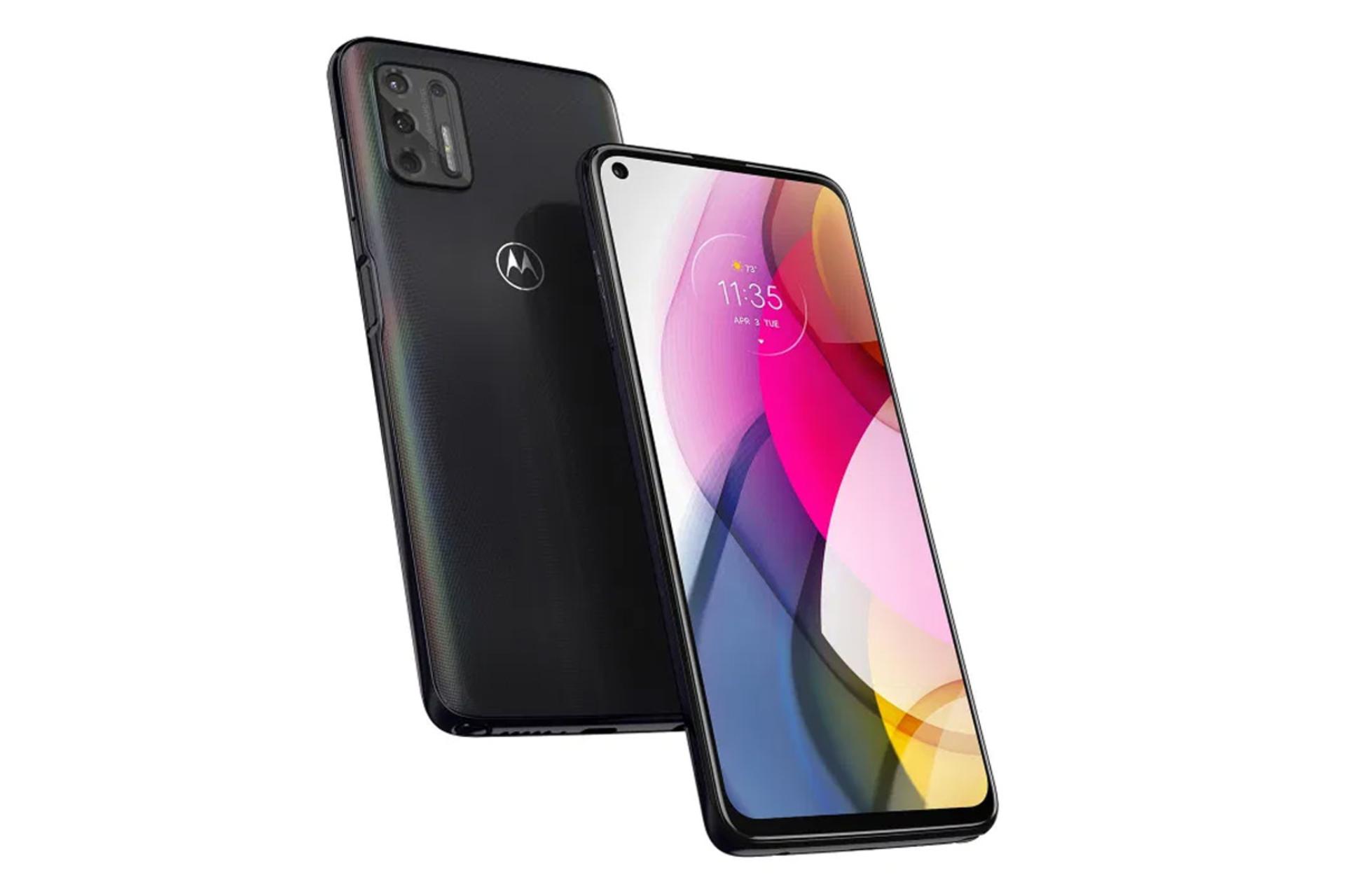 نمای زاویه دار پشت و جلو گوشیموتو جی استایلوس موتورولا مدل 2021 رنگ مشکی