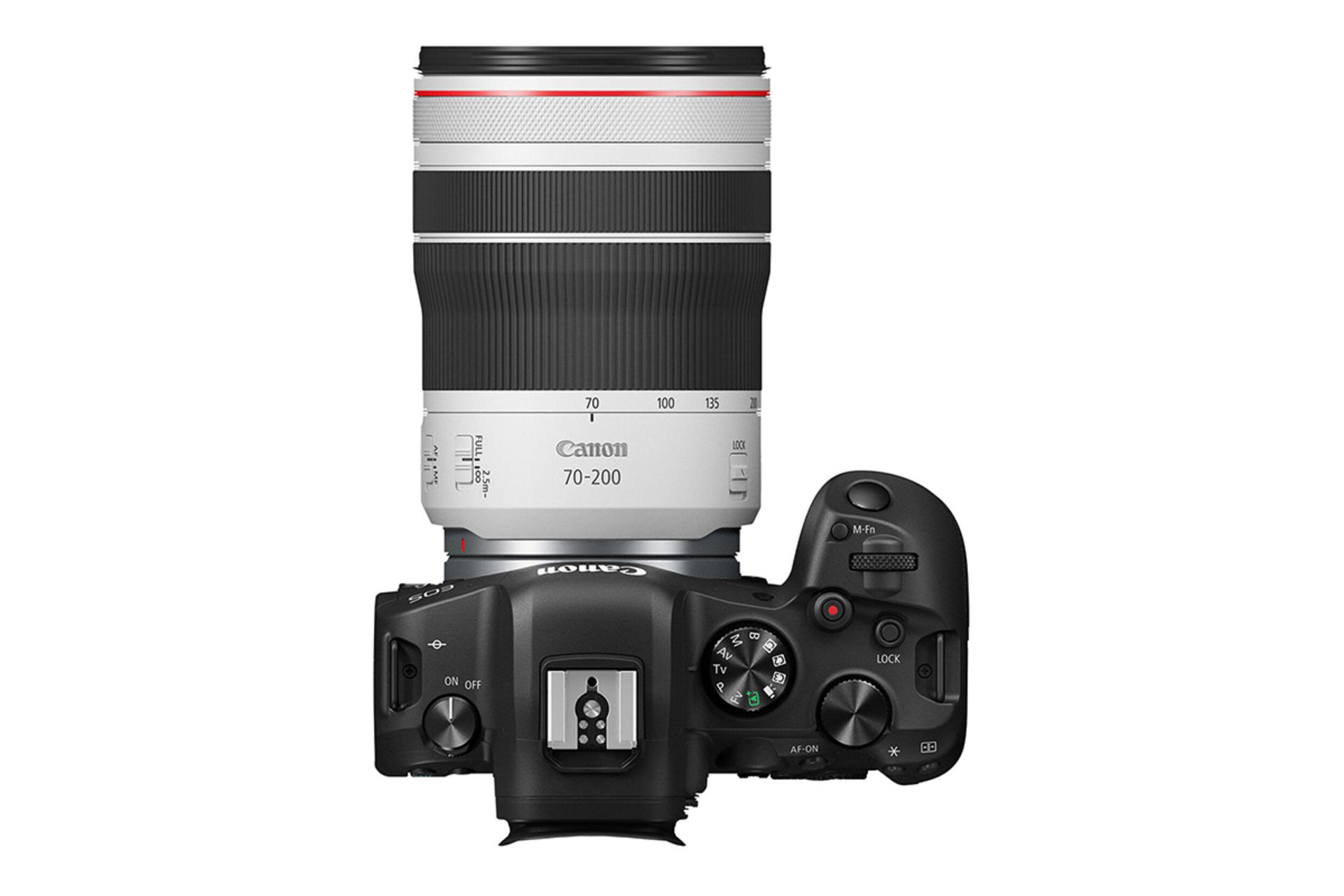 لنز کانن RF 70-200 رنگ سفید در حالت متصل به دوربین