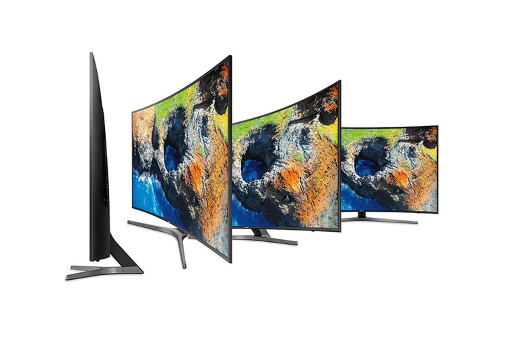 نمای نیم رخ و کنار چند تلویزیون سامسونگ MU7995 مدل 55 اینج و نمایش خمیده بودن صفحه