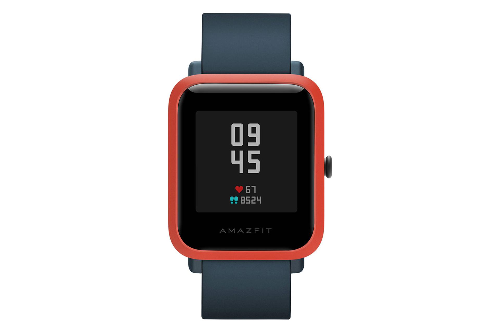 ساعت هوشمند امیزفیت مدل BIP S رنگی مشکلی با فریم قرمز نمای جلو و صفحه نمایش 