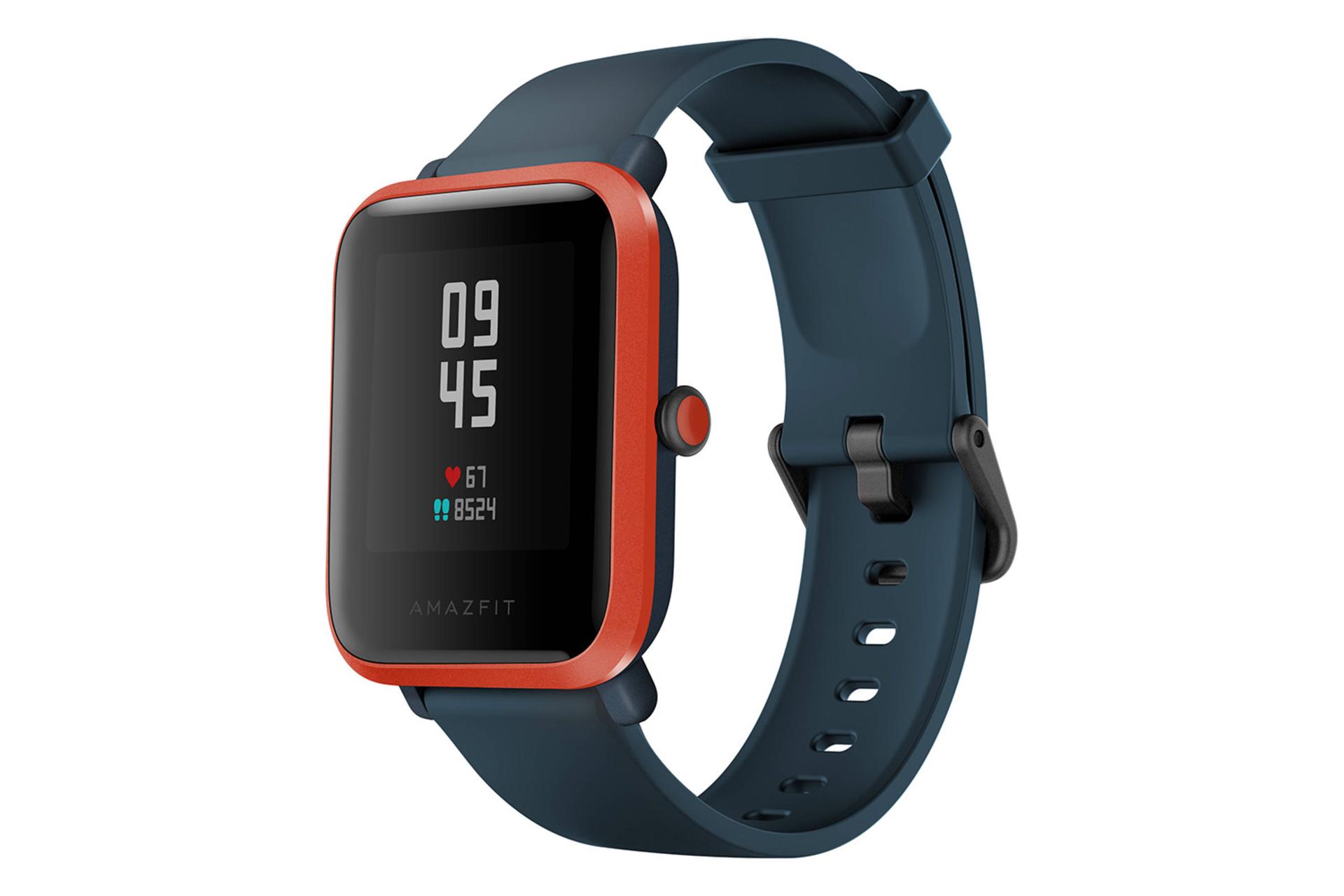 ساعت هوشمند امیزفیت مدل BIP S رنگی مشکلی با فریم قرمز نمای بغل و صفحه نمایش 