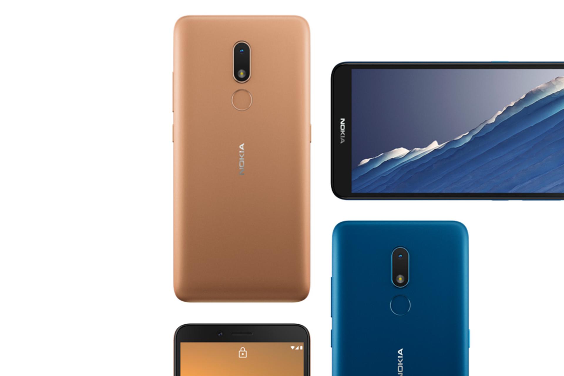 نمای پشت و جلو چهار گوشی نوکیا سی 3 با رنگ های آبی و طلایی
