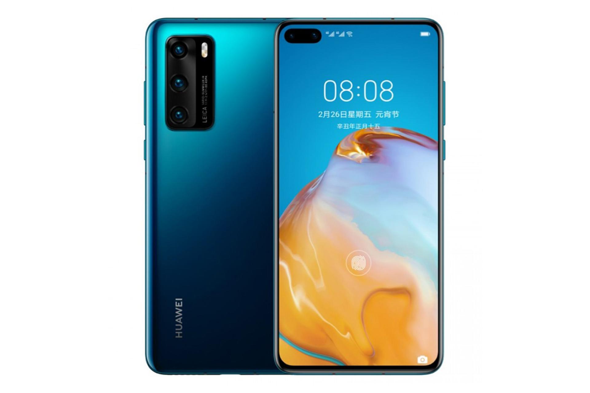 نمای پشت و جلو گوشی هواوی پی 40 نسخه 4G رنگ آبی