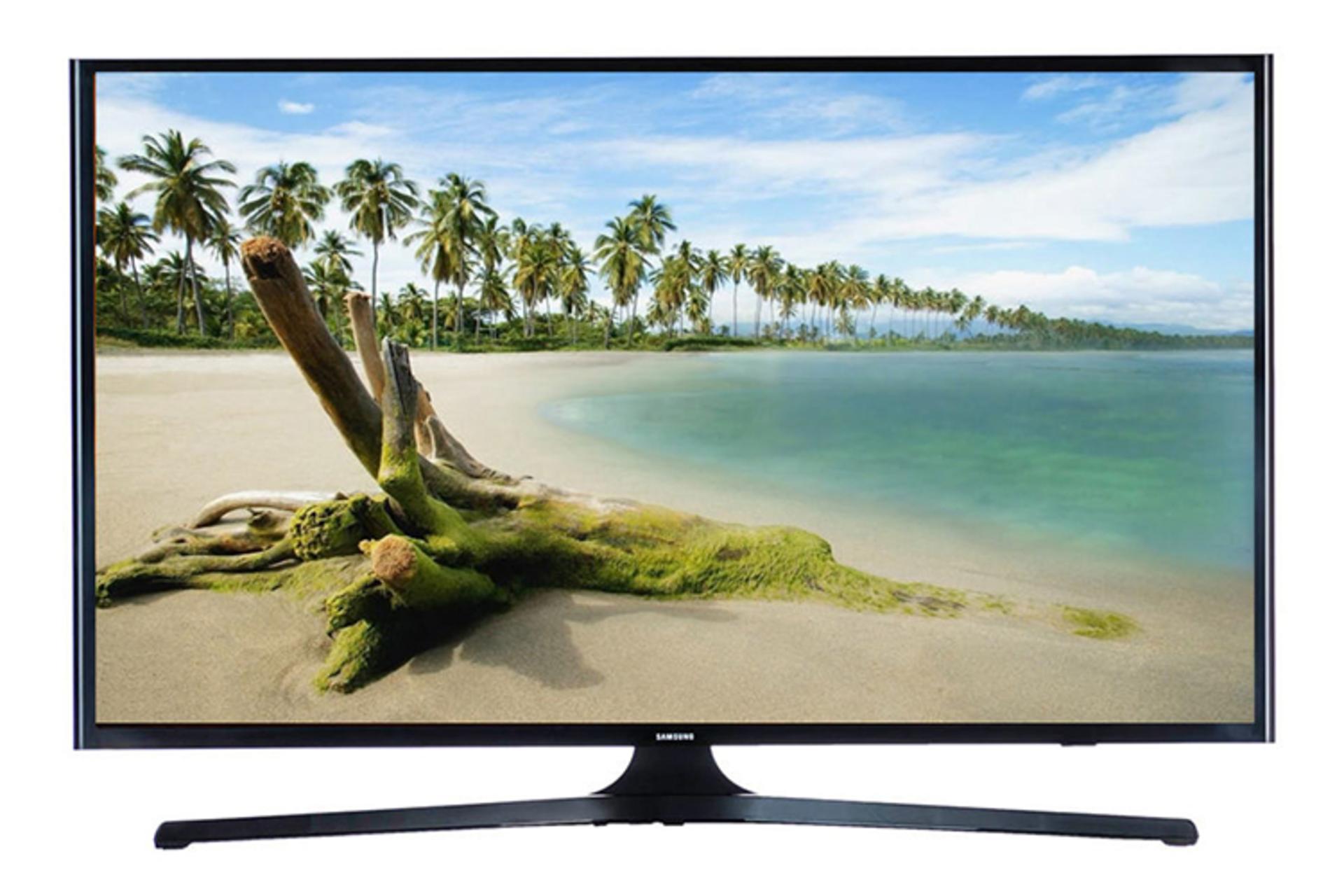 نمای جلو تلویزیون سامسونگ N5980 مدل 49 اینچ با صفحه روشن و پایه مرکزی U شکل