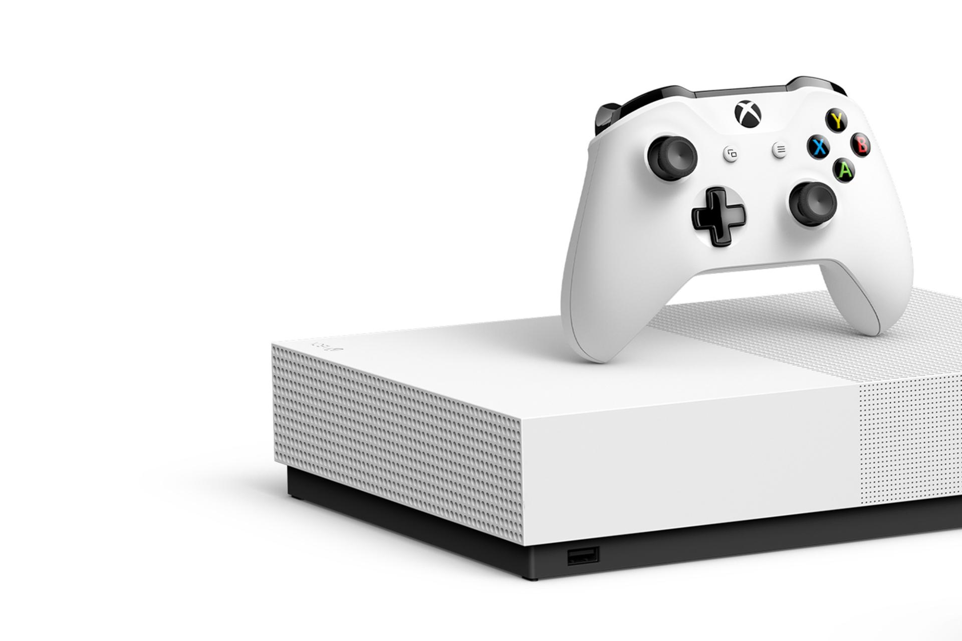 کنسول Microsoft Xbox One S All-Digital Edition نمای جلو و دسته و بازی رنگ سفید / ایکس باکس وان اس 