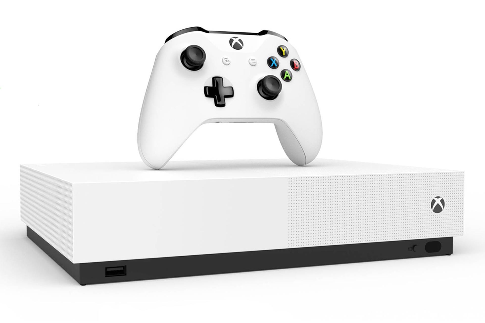 کنسول Microsoft Xbox One S All-Digital Edition نمای جلو و بغل و دسته و بازی / ایکس باکس وان اس آل 