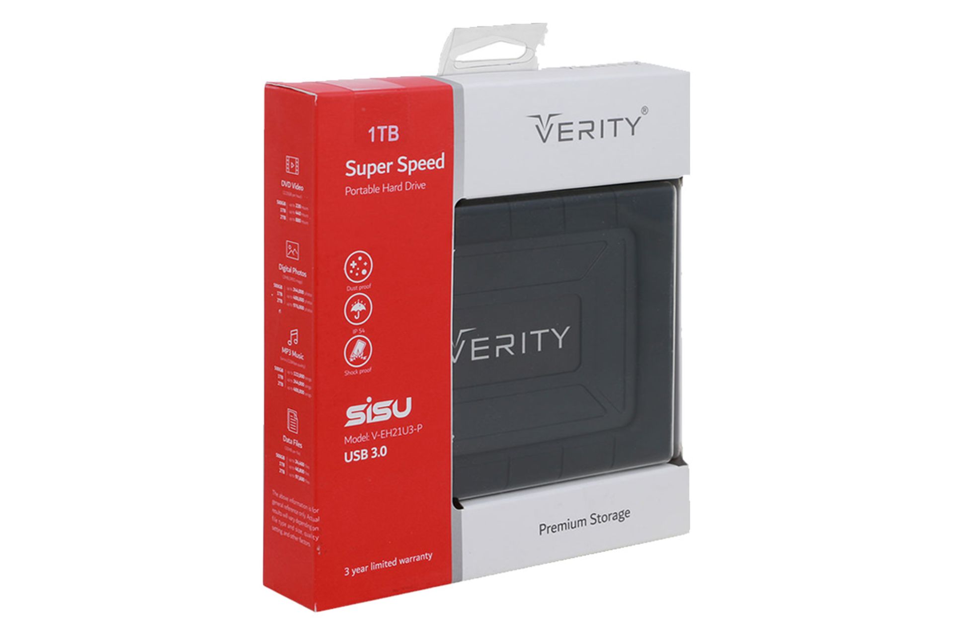 نمای جلو جعبه هارد دیسک وریتی V-EH21U3-P ظرفیت 1 ترابایت رنگ مشکی