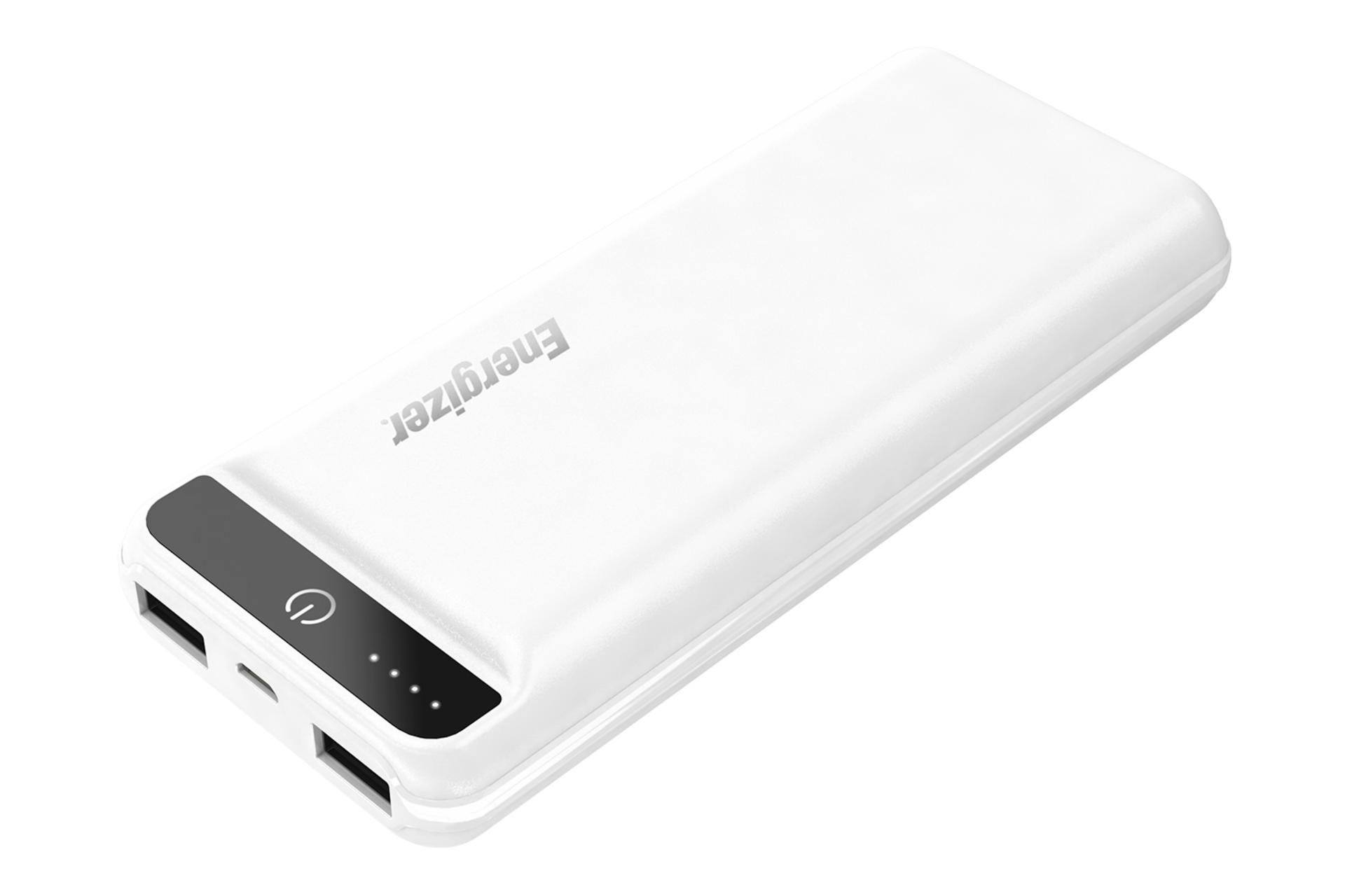 نمای کلی پاور بانک انرجایزر UE15032 سفید به همراه محل نمایش درگاه ها