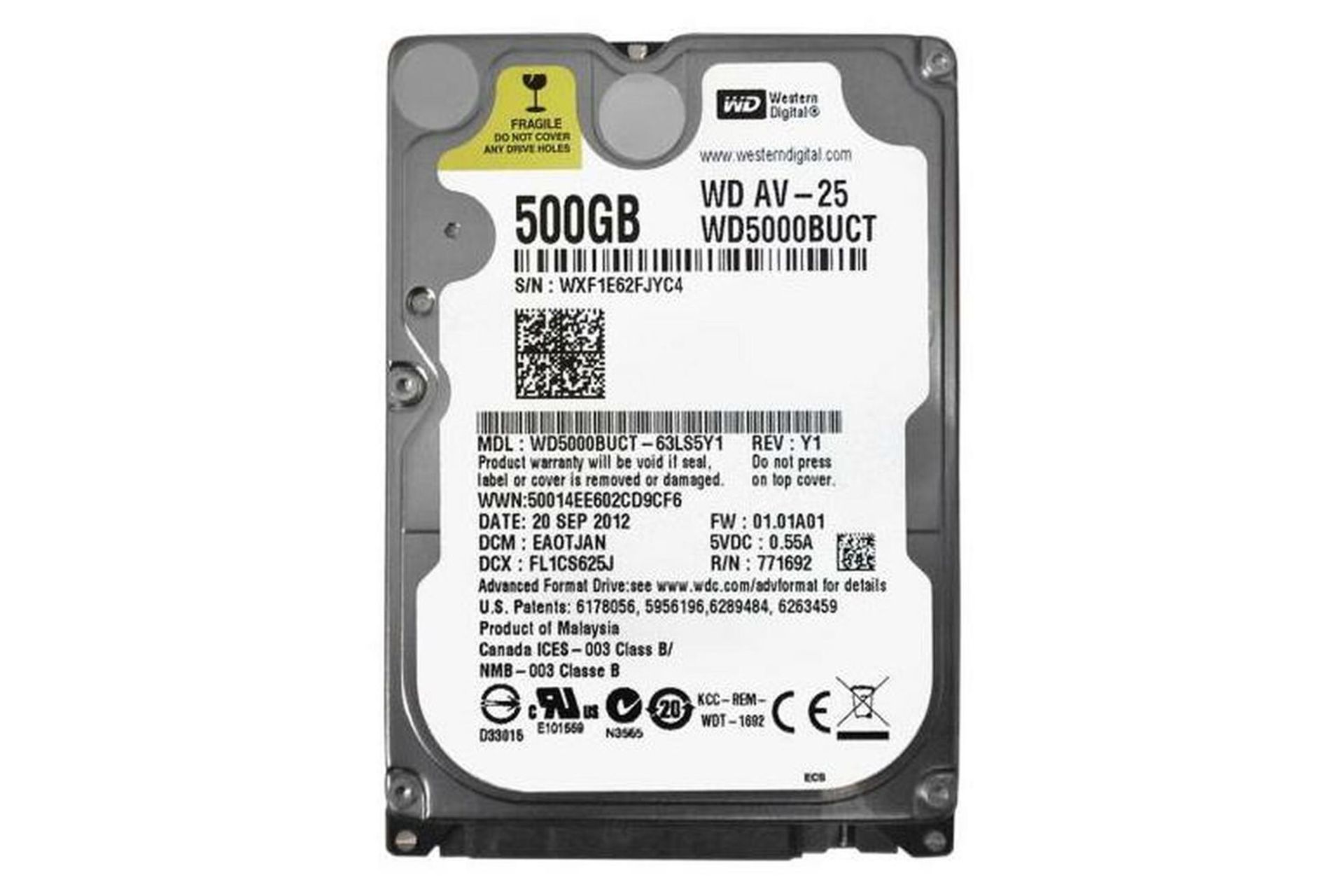 نمای جلو هارد دیسک وسترن دیجیتال WD500BUCT ظرفیت 500 گیگابایت