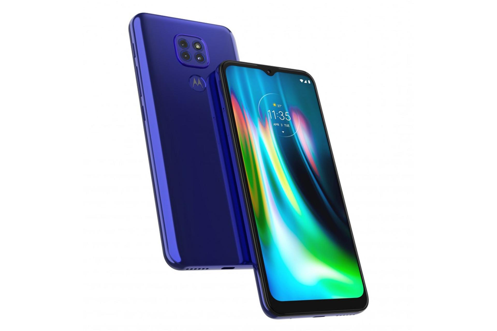 گوشی موتورولا موتو جی 9 رنگ آبی از نمای پشت و جلو