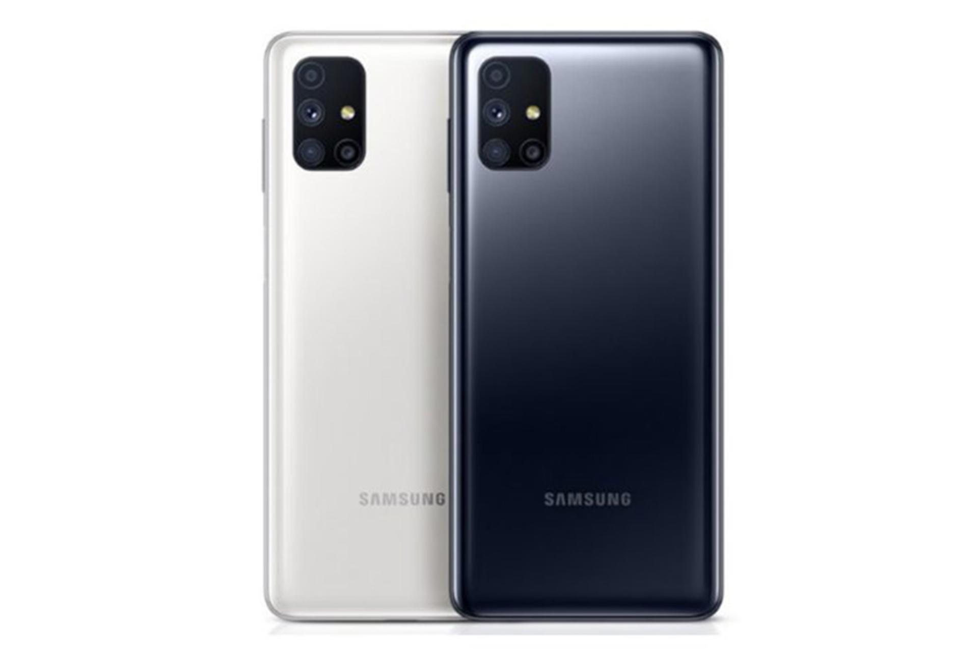 نمای پشت گوشی سامسونگ گلکسی ام 21 اس رنگ سفید و مشکی