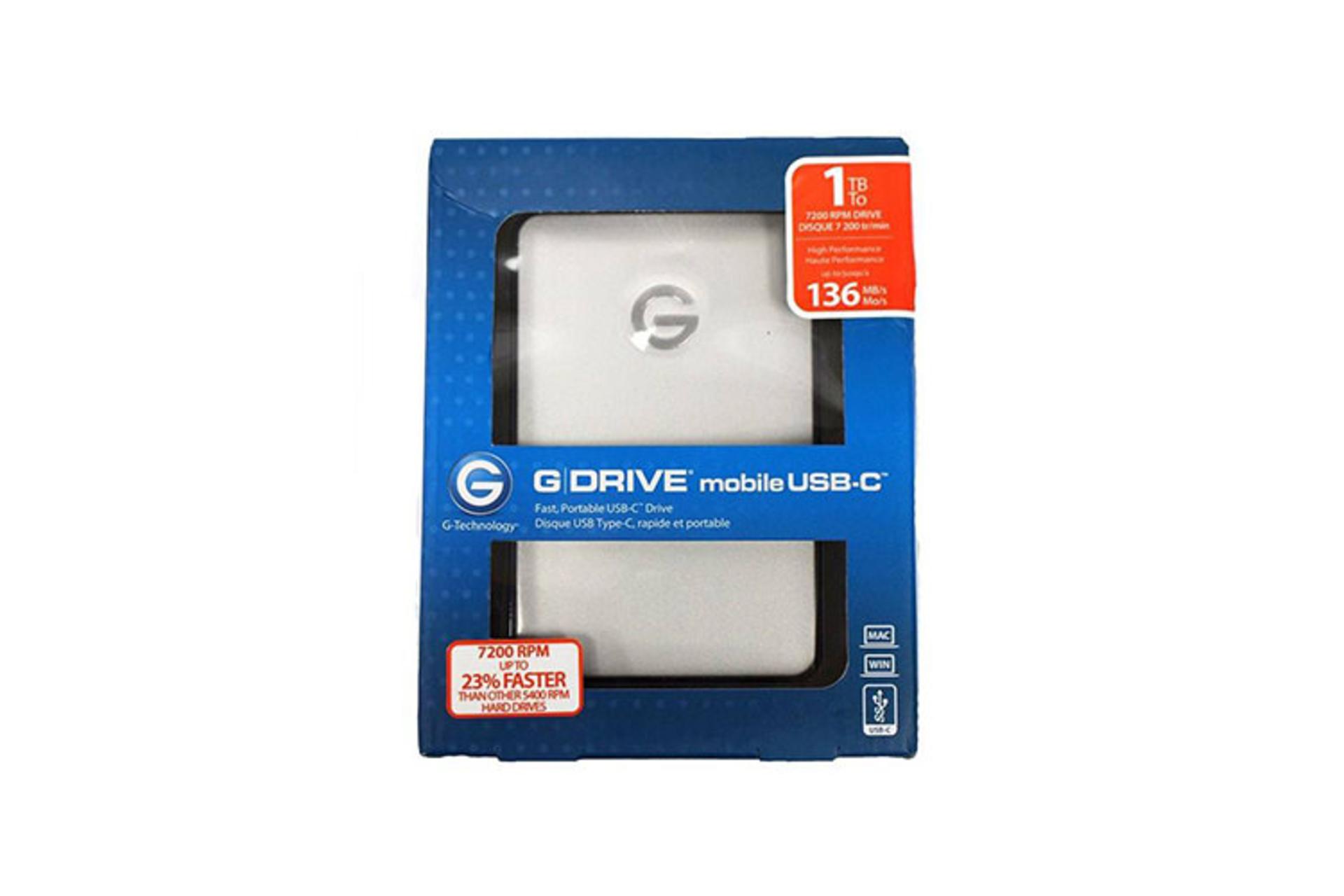 نمای جعبه هارد دیسک جی درایو USB-C ظرفیت 1 ترابایت رنگ نقره ای