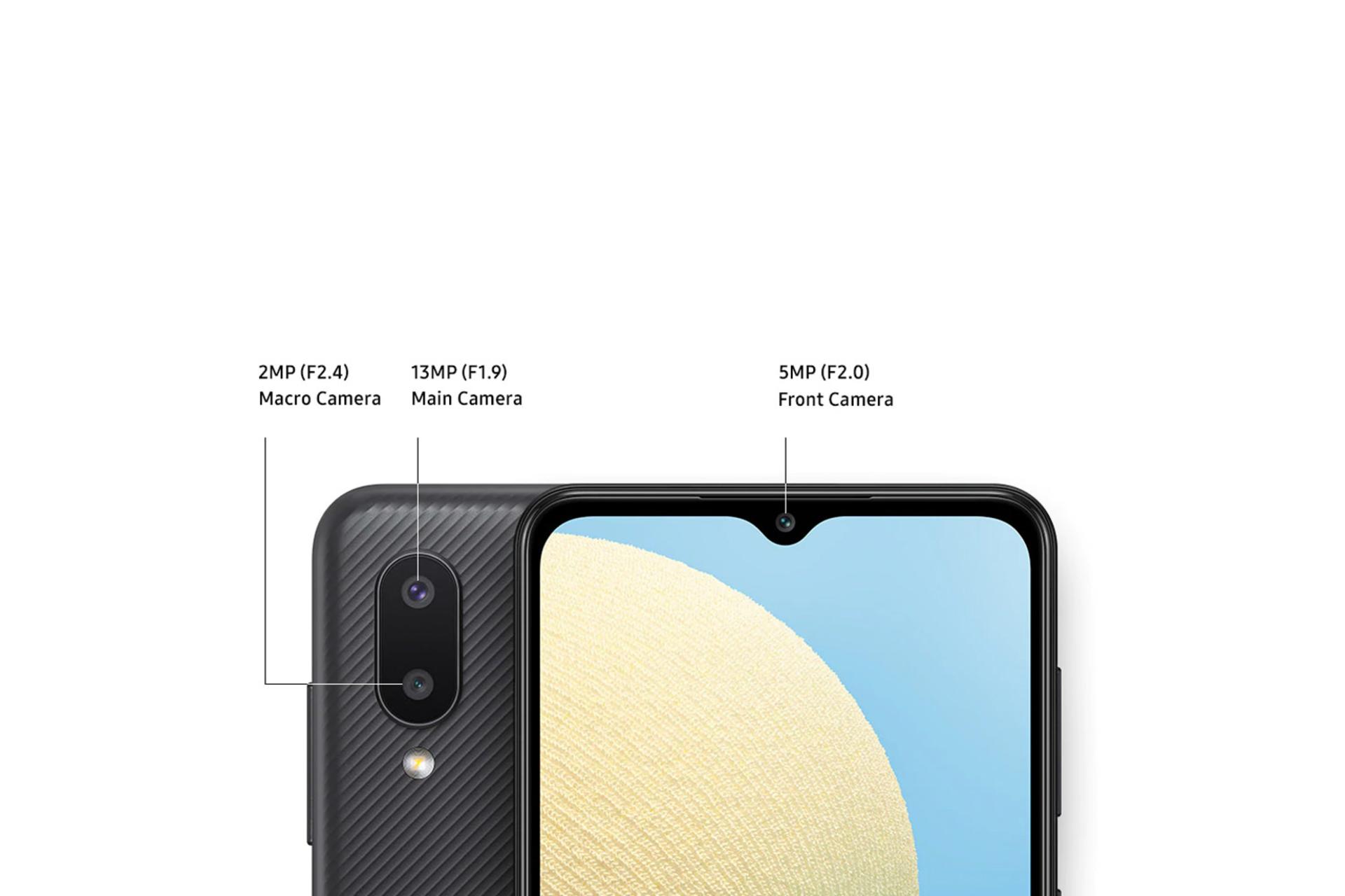 نمای پشت و جلو مشخصات دوربین ها موبایل گلکسی M02 سامسونگ رنگ مشکی