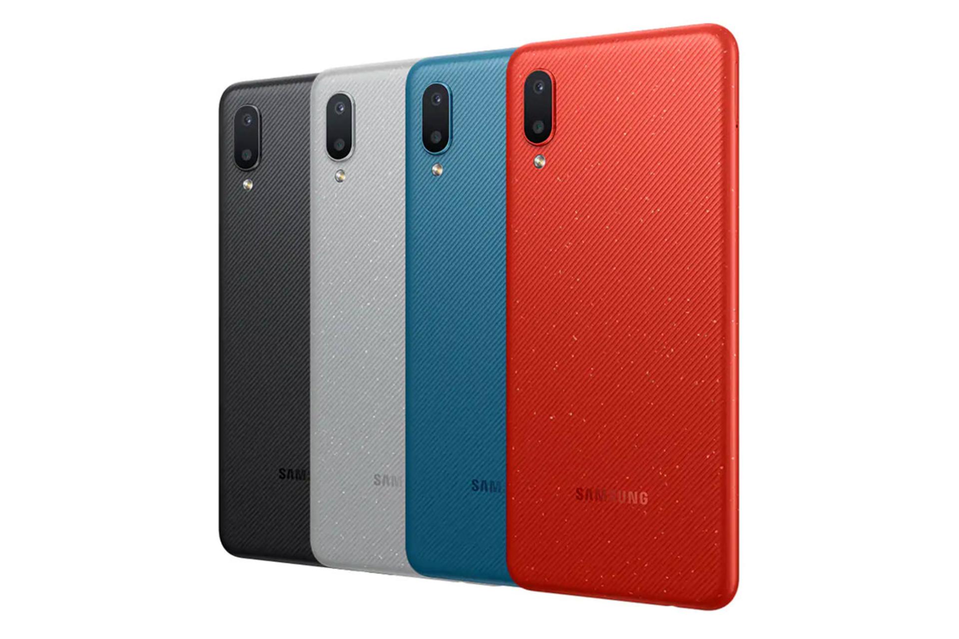 نمای پشت موبایل گلکسی M02 سامسونگ رنگ مشکی، آبی، خاکستری و قرمز