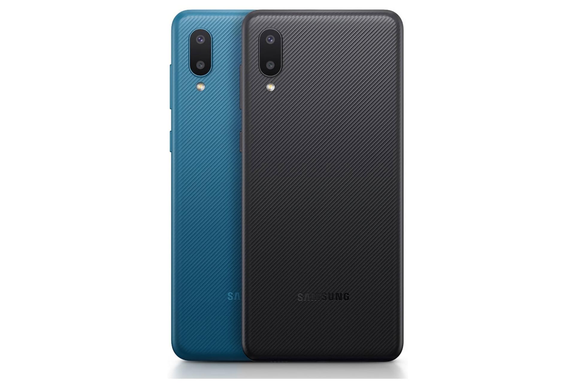 نمای پشت موبایل گلکسی M02 سامسونگ رنگ مشکی و آبی