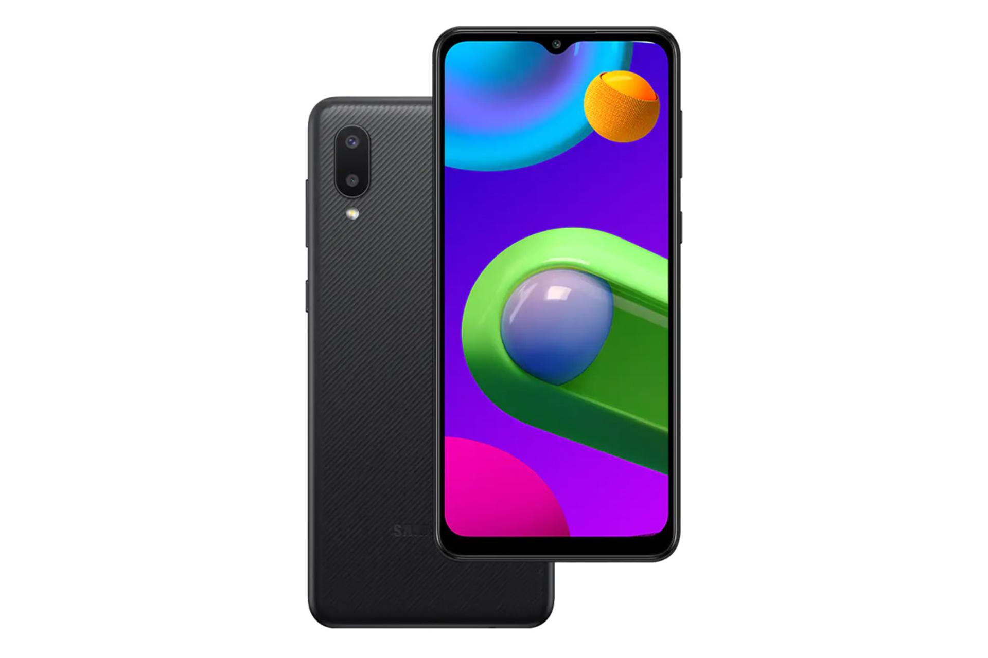 نمای پشت و جلوی موبایل گلکسی M02 سامسونگ رنگ مشکی