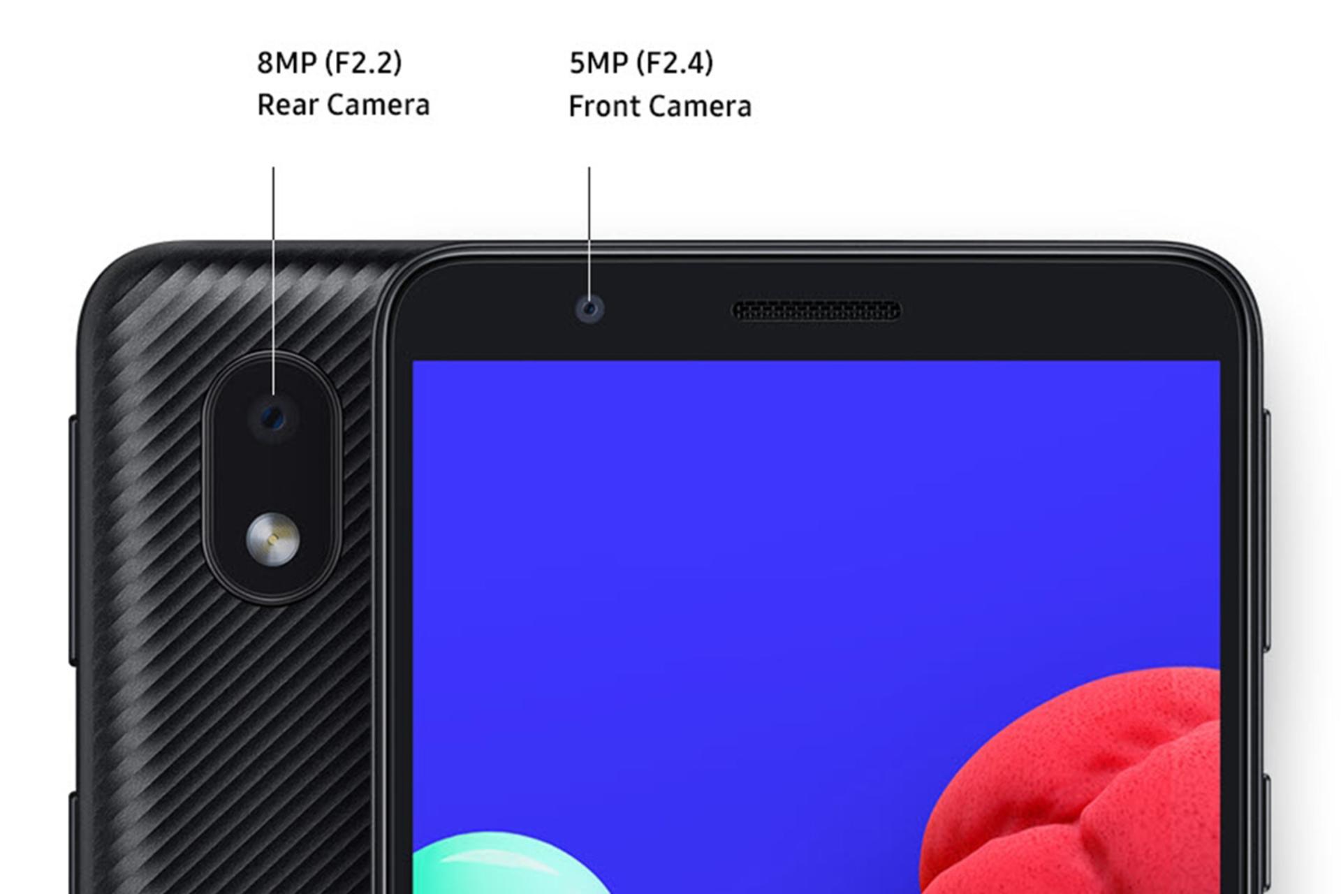 نمای دوربین سلفی و پشت گوشی سامسونگ گلکسی A01 کور و نمایش رزولوشن