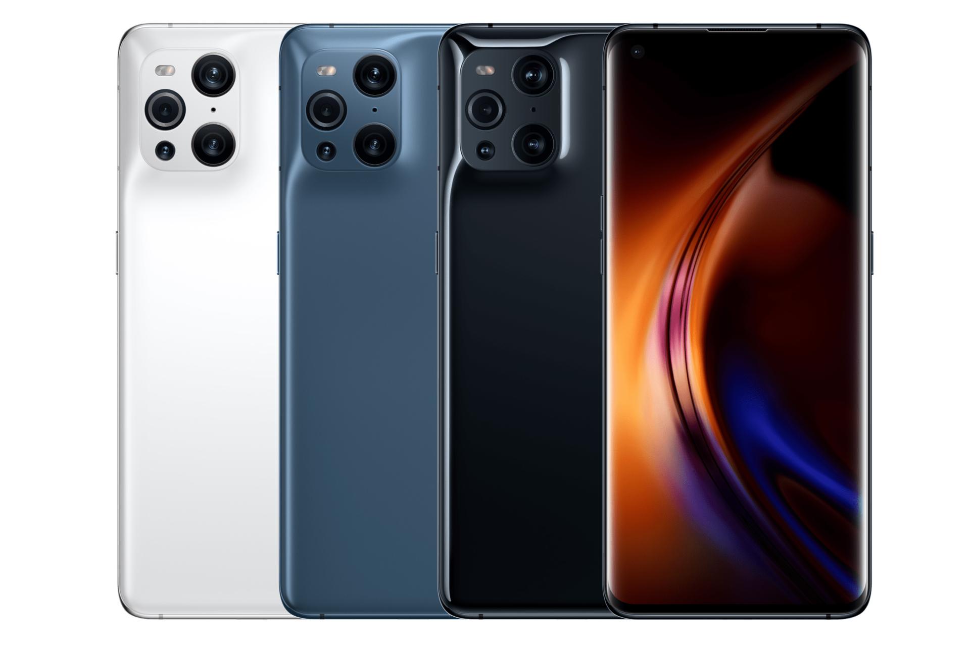 نمای جلو و پشت موبایل فایند ایکس 3 اوپو رنگ مشکی، سفید و آبی