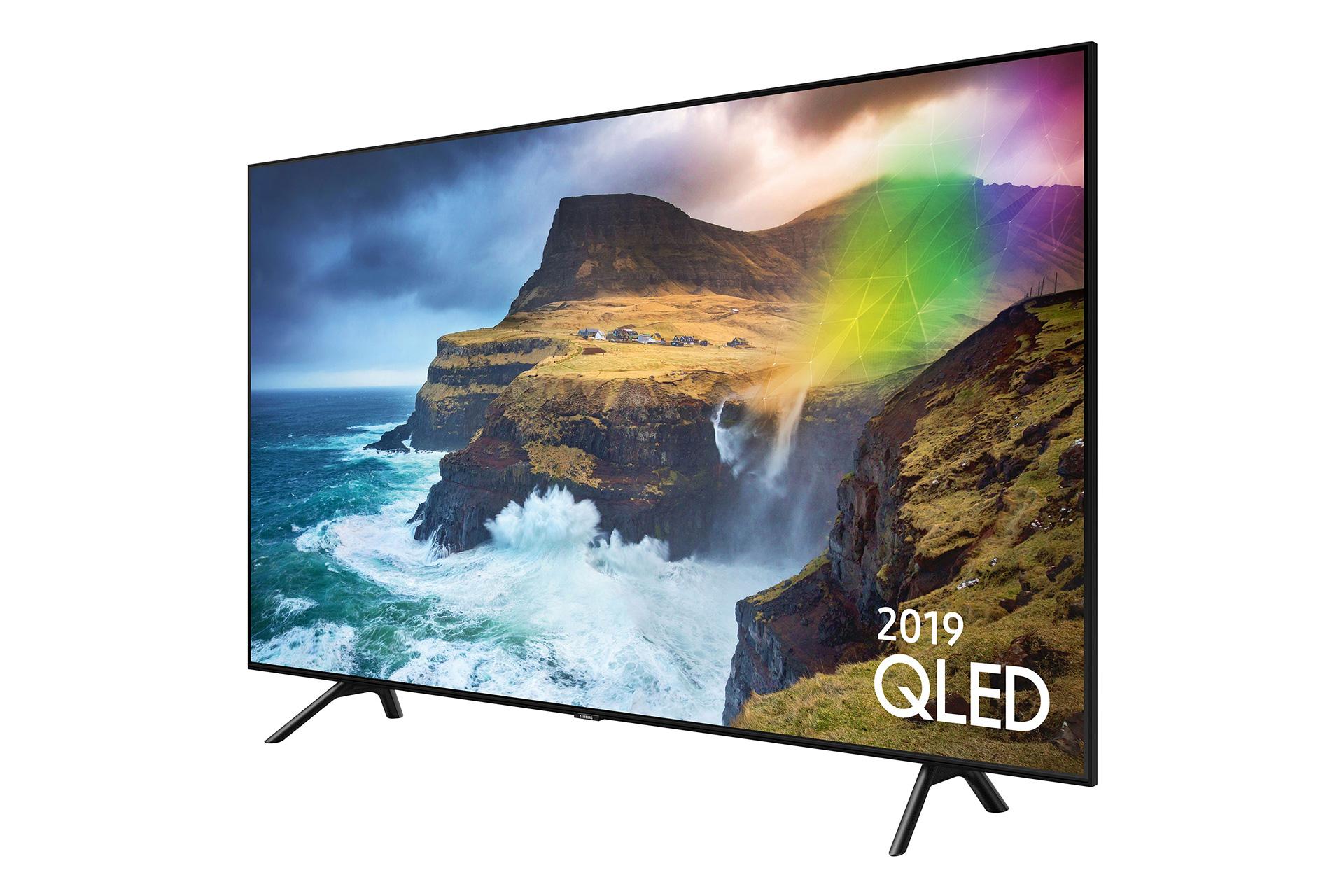 نمای نیم رخ تلویزیون Q70R مدل 55 اینچ با صفحه QLED روشن