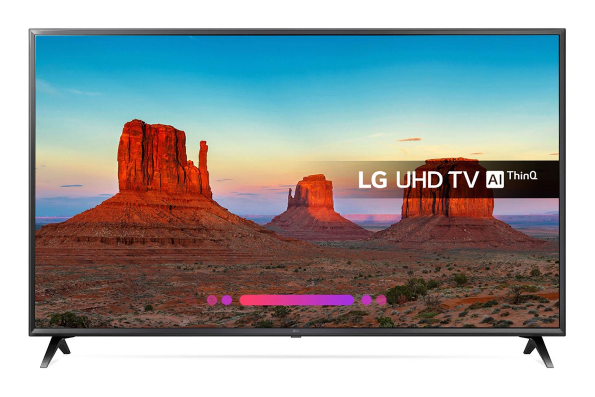 نمای جلو تلویزیون ال جی UK6300 مدل 55 اینچ، صفحه روشن، رنگ مشکی و نمایش Ai Thinq