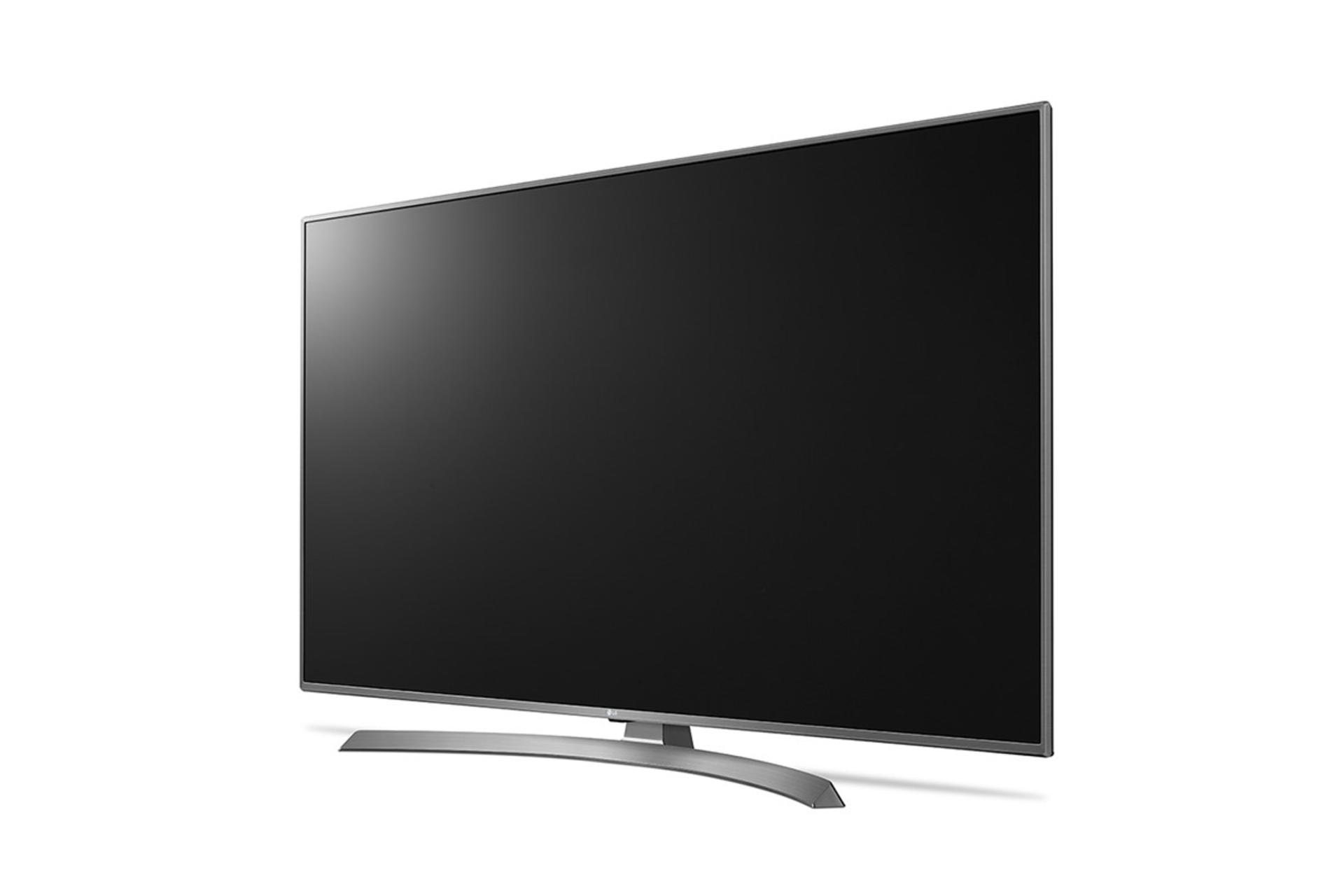 نمای نیم رخ تلویزیون ال جی UJ6900 مدل 49 اینچ با بدنه نقره ای و صفحه خاموش