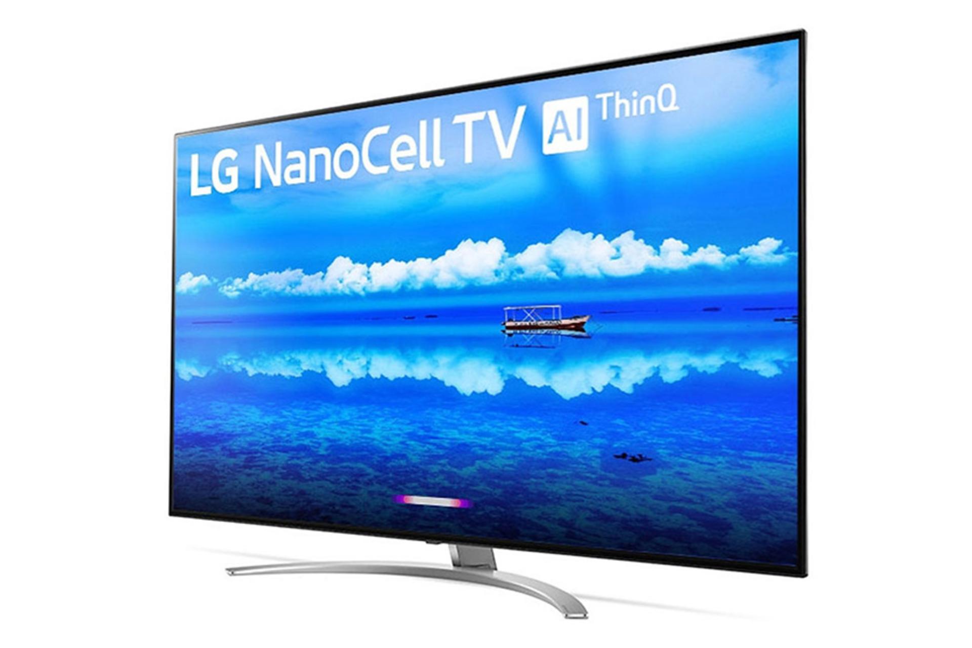 نمای نیم رخ تلویزیون ال جی SM9500 مدل 65 اینچ با صفحه روشن و پایه نقره ای