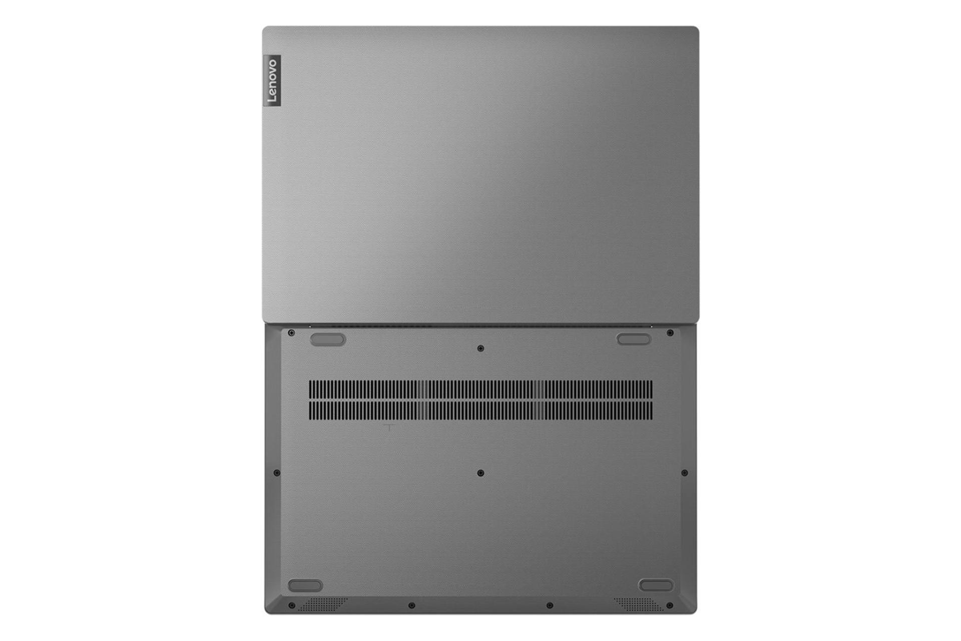 نمای پشت و زیرین لپ تاپ لنوو وی 15 / Lenovo V15 در حالت 180 درجه و نمایش منافذ هوا رنگ خاکستری