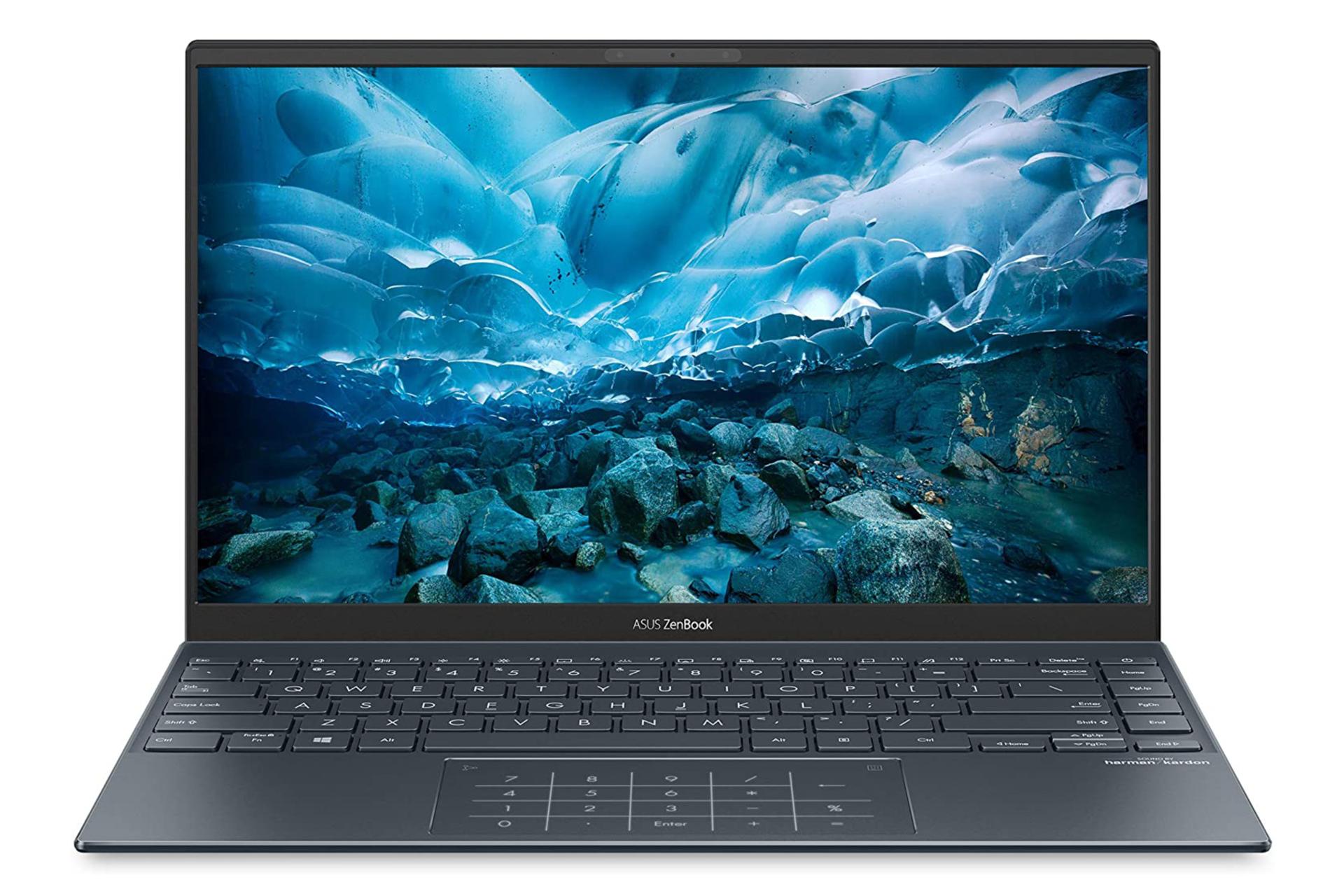 نمای جلو لپ تاپ ایسوس ذن بوک 14 UX425JA و نمایش کیبورد و تاچ پد