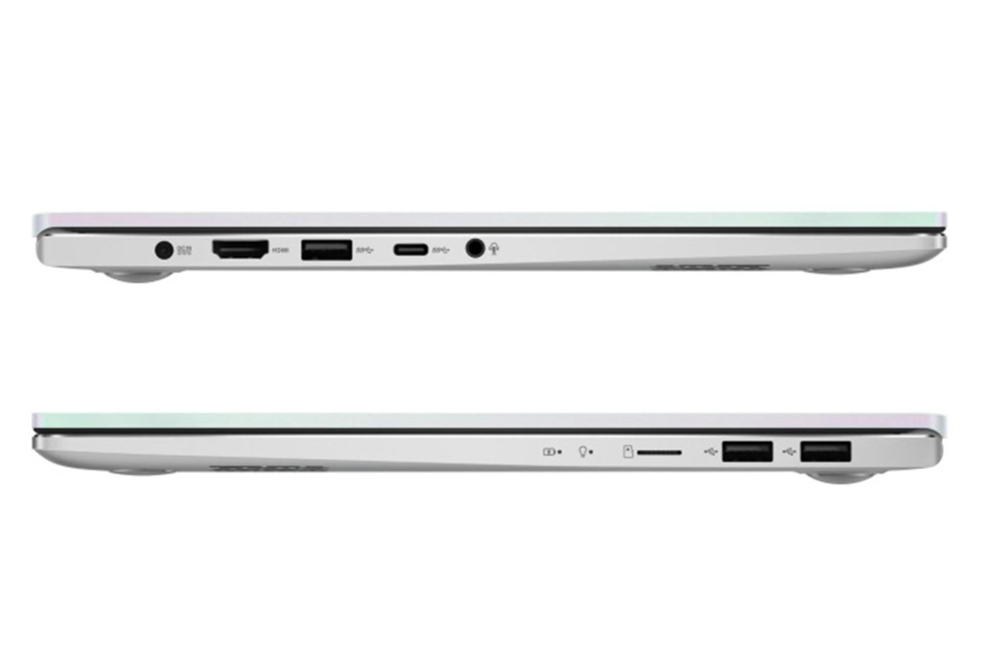 نمای کنار لپ تاپ ایسوس ویووبوک اس 14 و نمایش پورت ها