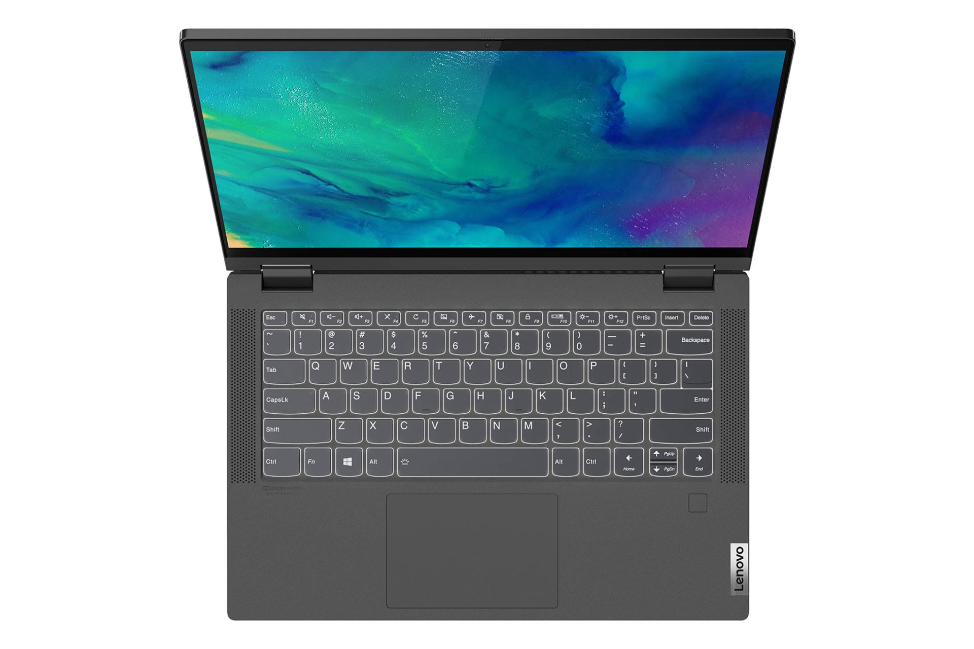 لپ تاپ لنوو فلکس 5 از نمای بالا و نمایش کیبورد